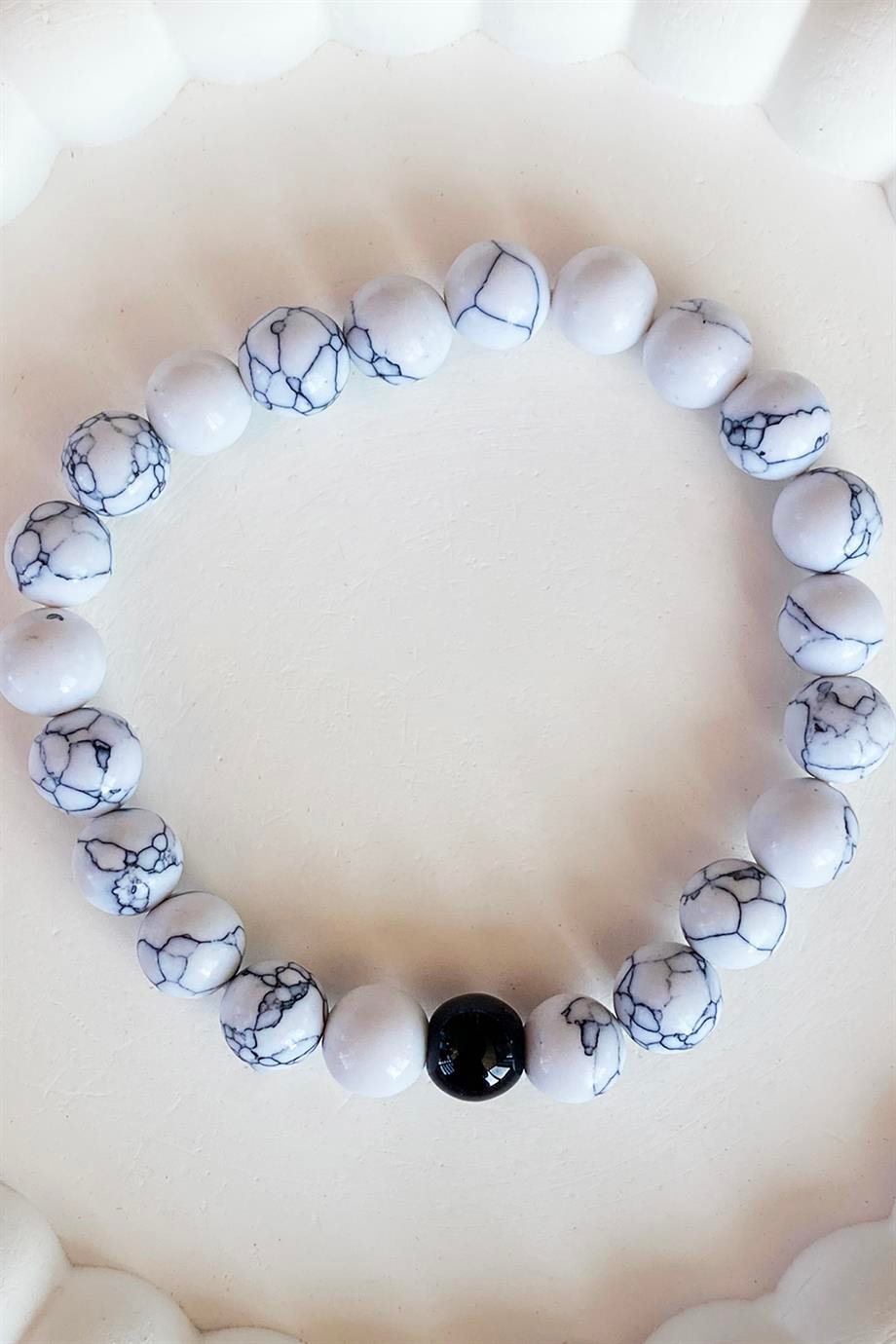 Beyaz Renk Mermer Desenli Erkek Boncuk Bileklik