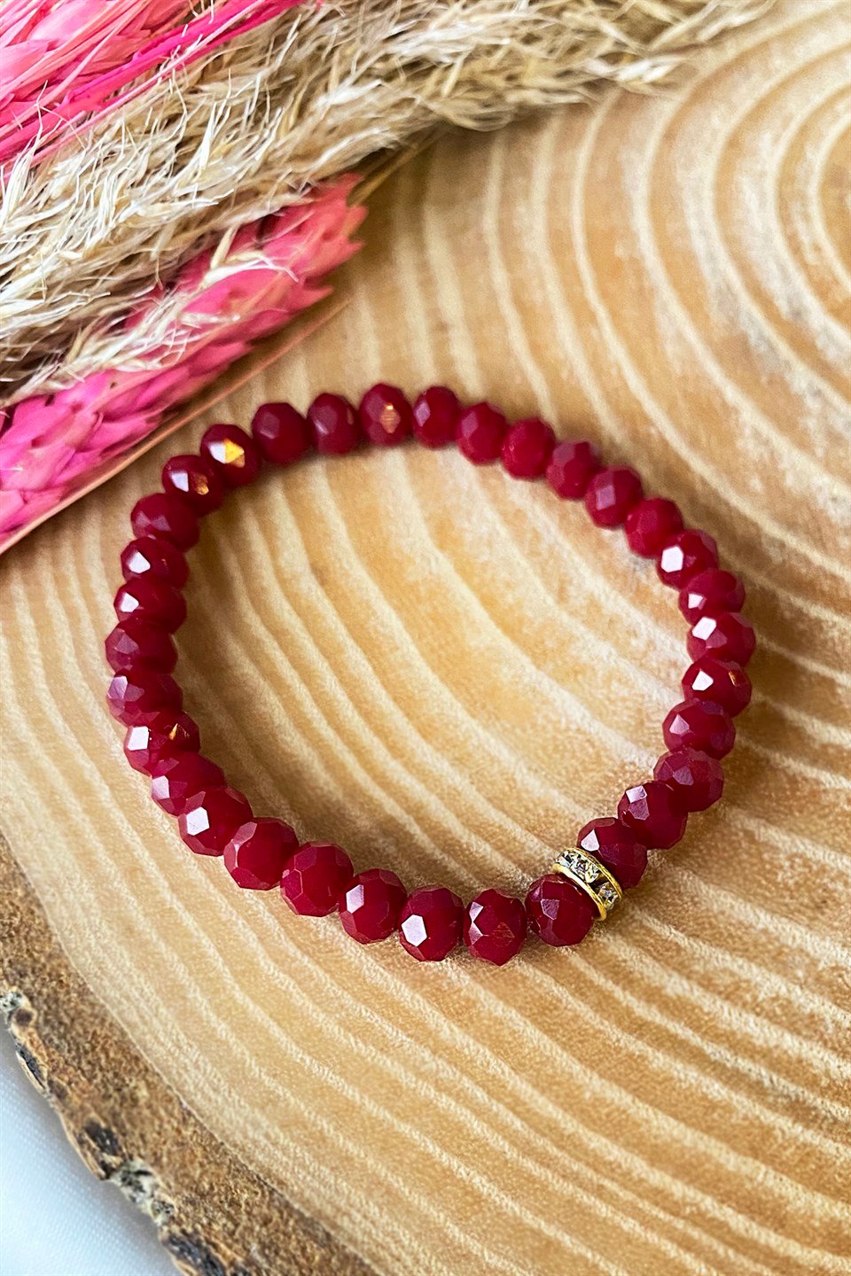 Bordo Renk Boncuk Detaylı Bileklik