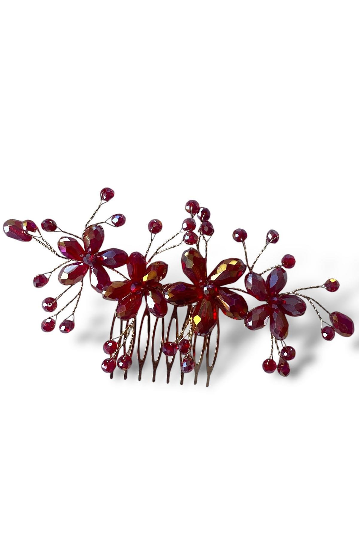 Bordo Renk Çiçek Detaylı Kristal Taş Detaylı Abiye Tel Tarak Toka