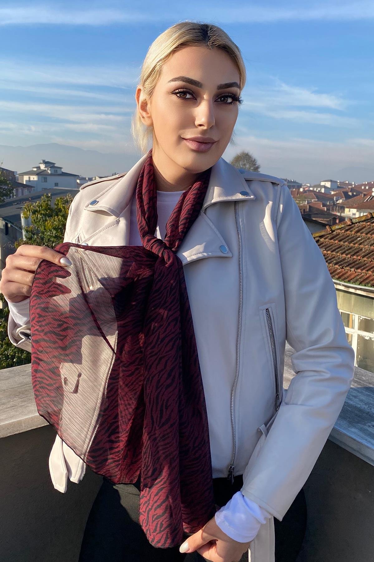 Bordo Renk Zebra Desenli Şal