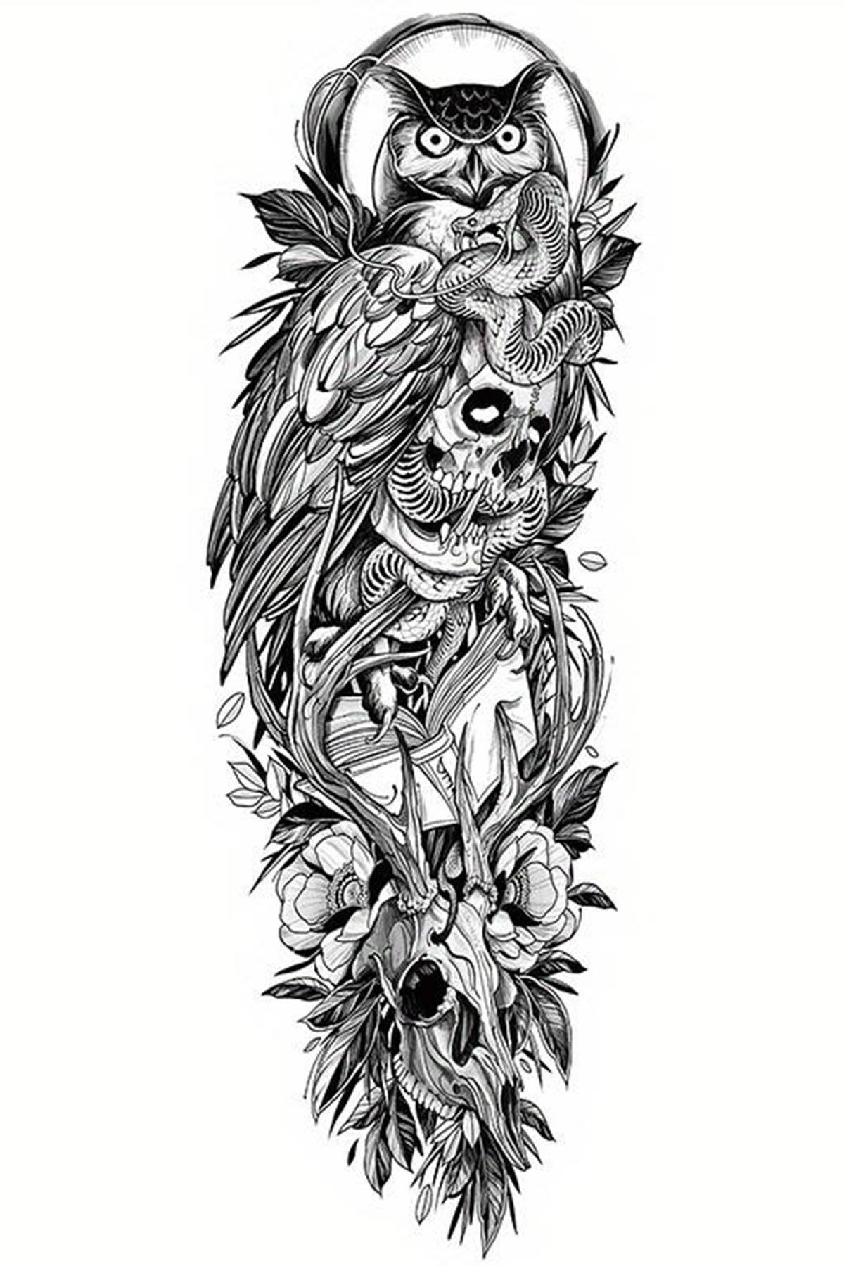 Geçici Baykuş Ve Kuru Kafa Figürlü Dövme Tattoo