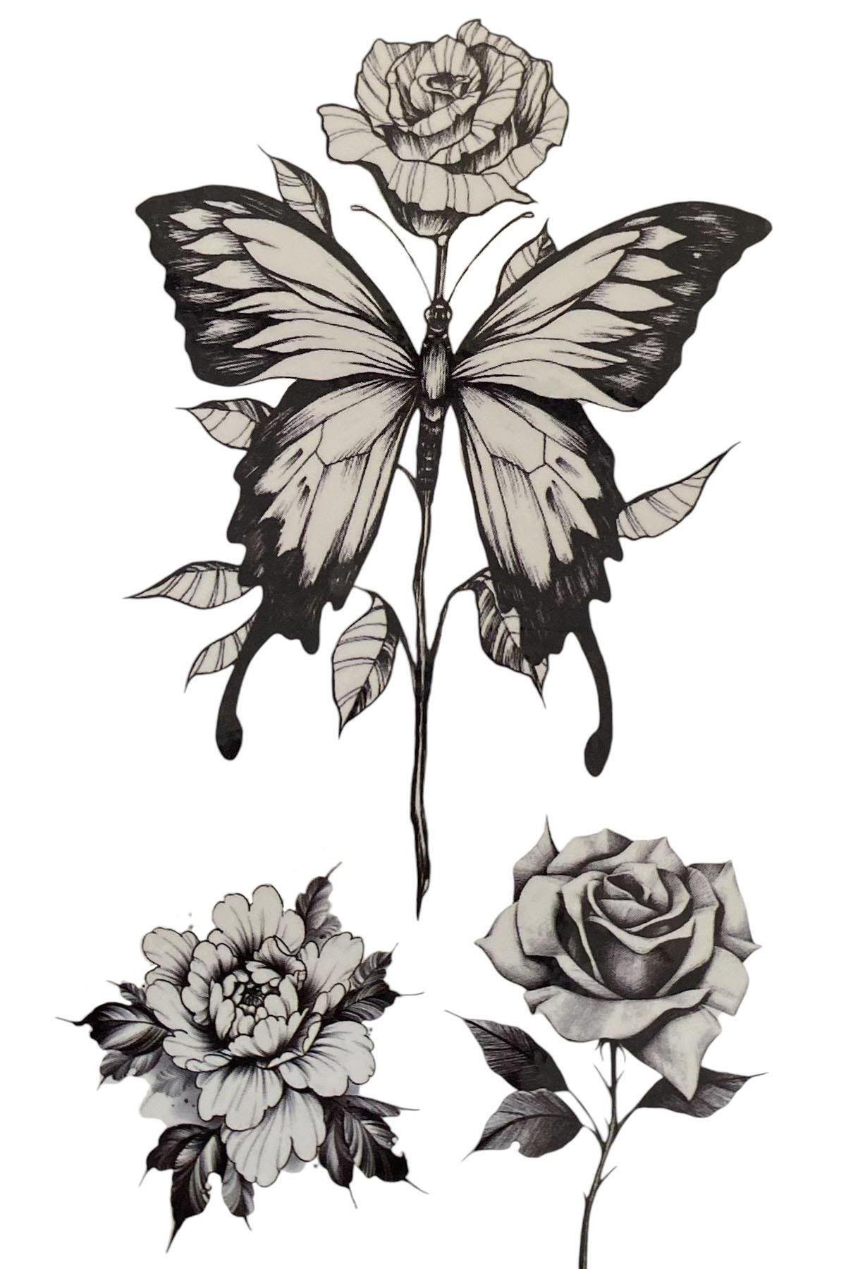 Geçici Çiçek Ve Kelebek Figürlü Dövme Tatto