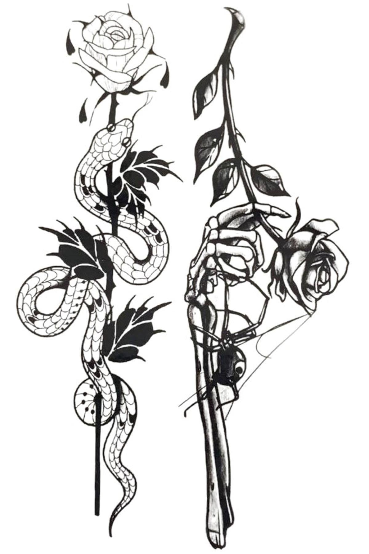 Geçici Gül Ve Yılan Figürlü Mini Dövme Tattoo