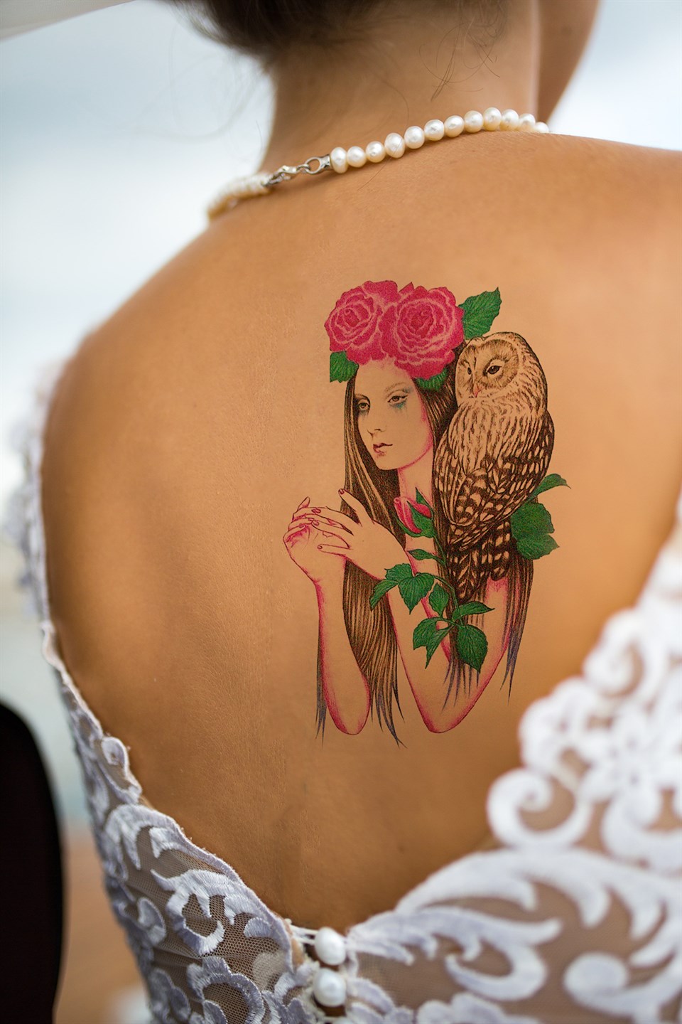 Temporary Woman Rose and Owl Tattoo Tattoo