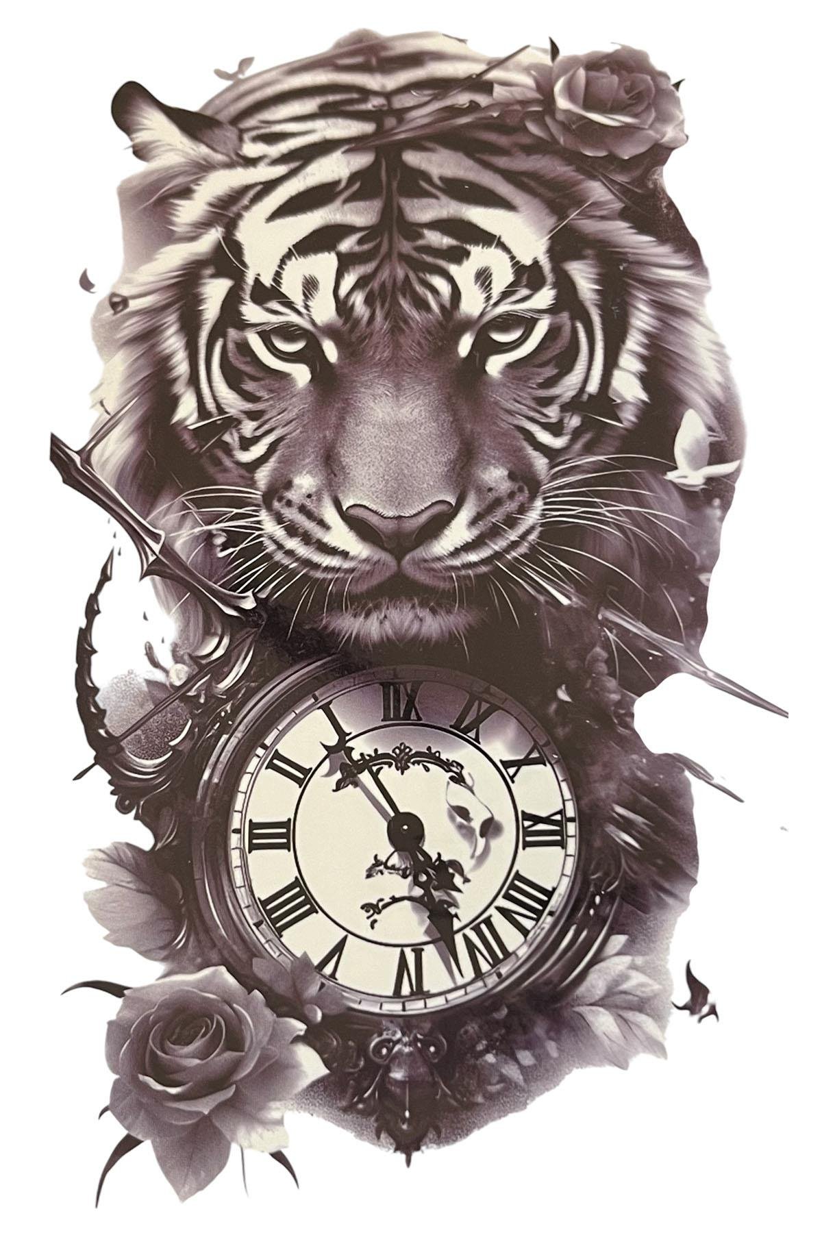 Geçici Kaplan Ve Saat Figürlü Dövme Tattoo