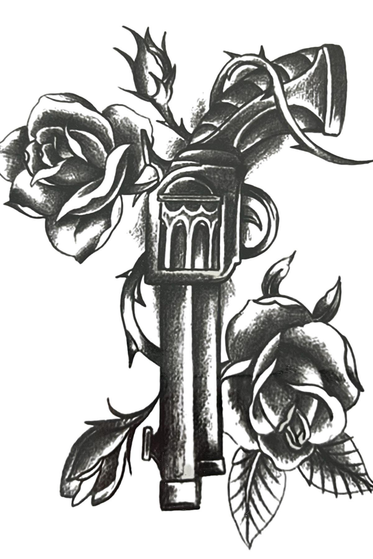 Geçici Silah Ve Çiçek Figürlü Dövme Tattoo
