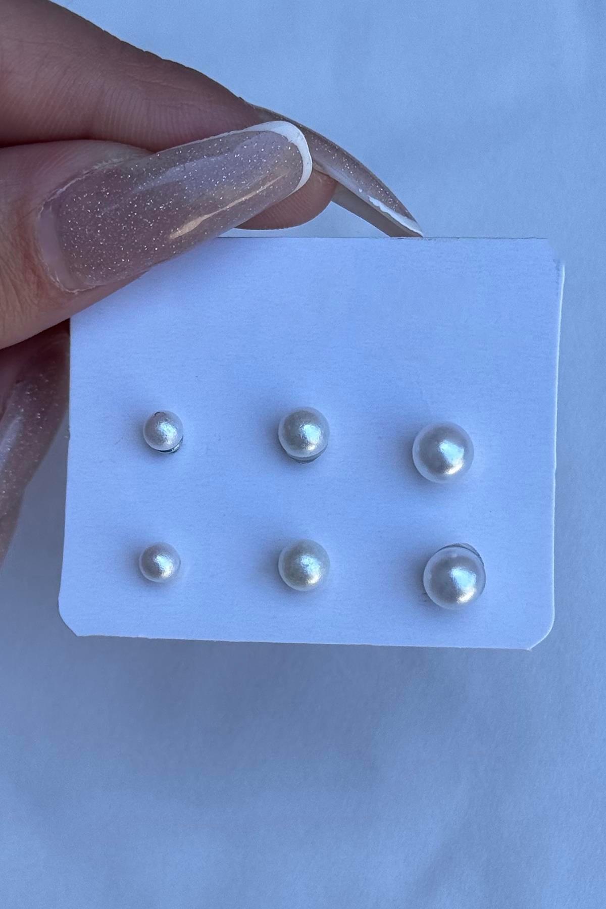 Gümüş Renk 6'lı İnci Detaylı Küpe Set