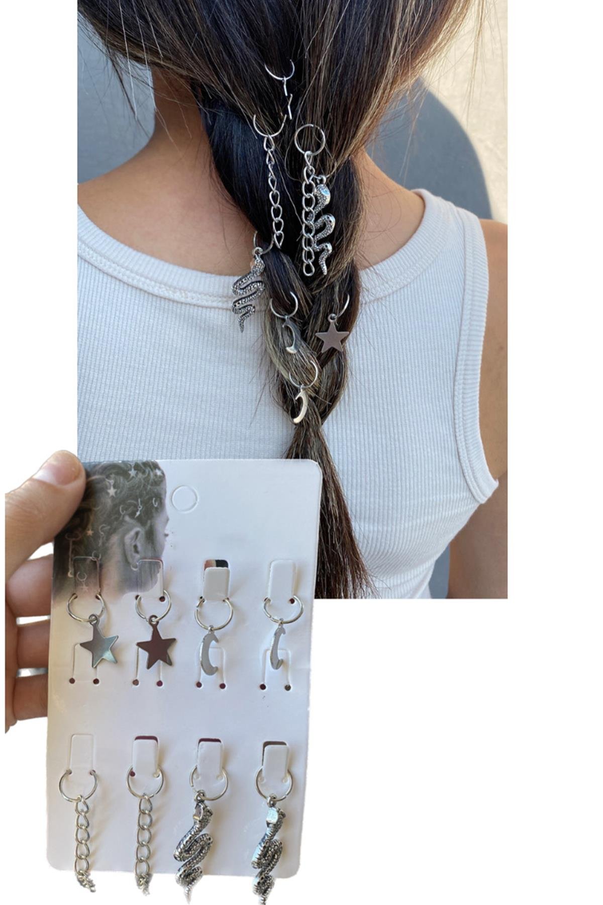 Gümüş Renk 8'li Renkli Yılan Ve Ay,Yıldız Figürlü Saç Küpesi