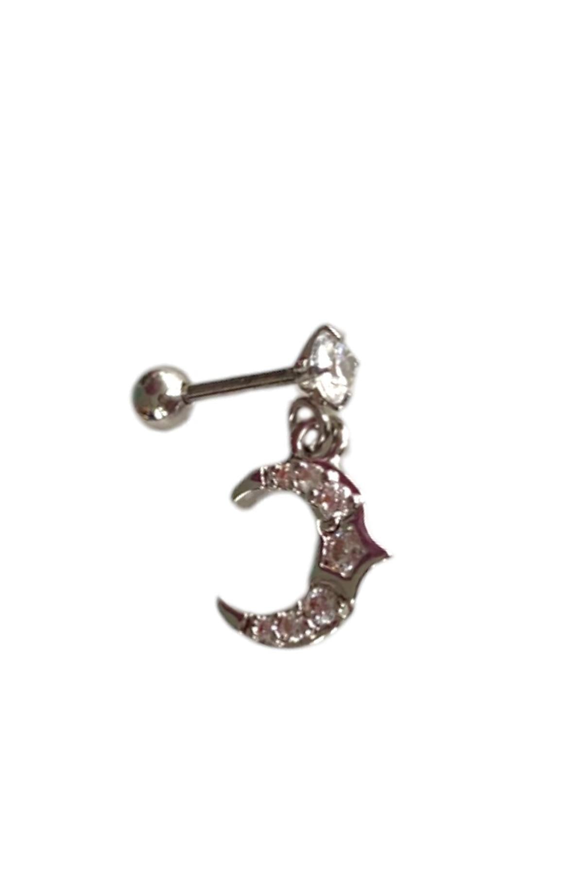 Gümüş Renk Ay Figürlü Taş Detaylı Cerrahi Çelik Tragus/Kıkırdak Küpe/Piercing (Tek)