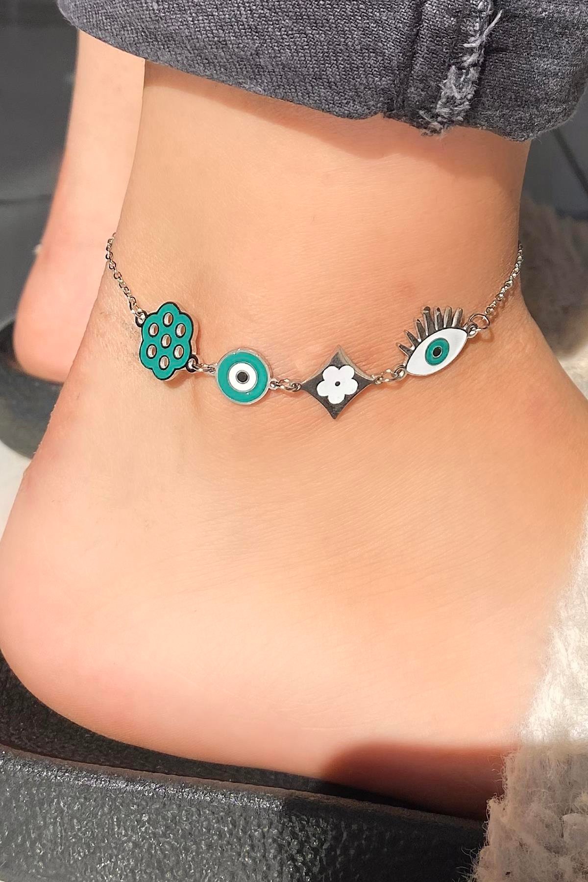 Gümüş Renk Göz Figürlü Çelik Halhal