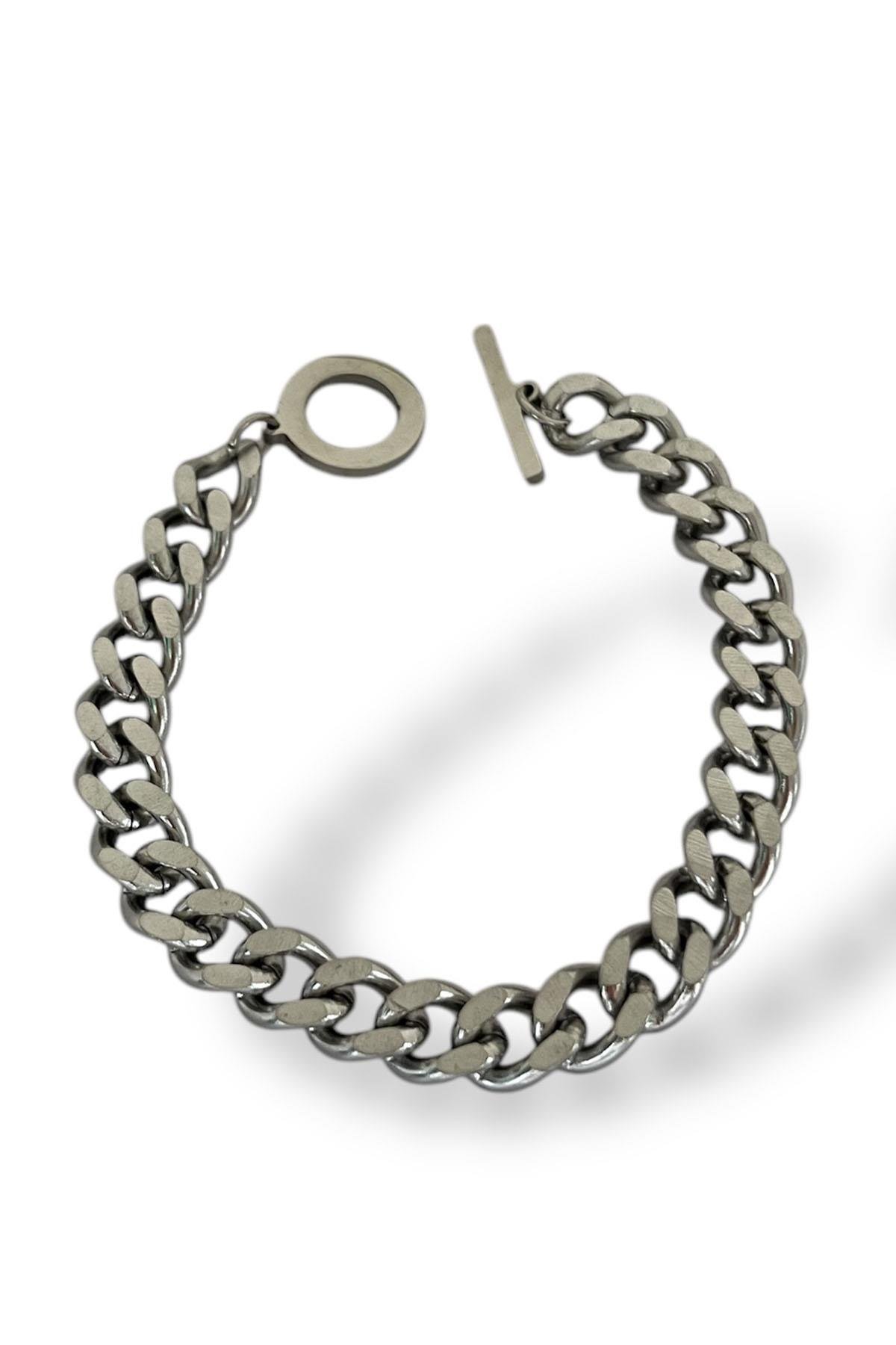 Gümüş Renk Halka Kilit Detaylı Zincir Detaylı Çelik Erkek Bileklik