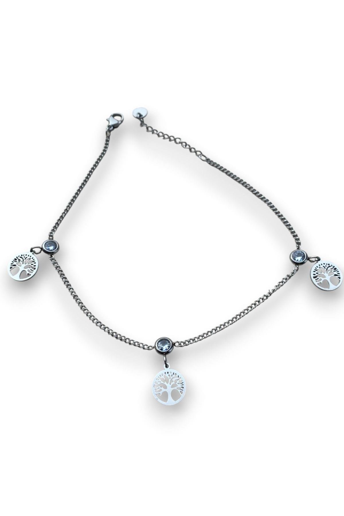 Gümüş Renk Hayat Ağacı Figürlü Çelik Halhal