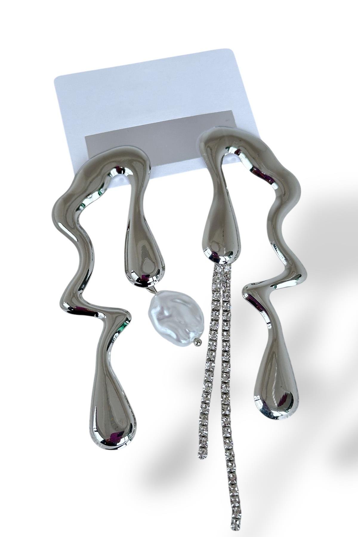 Gümüş Renk İnci Ve Taş Detaylı Abiye Küpe (Çift)