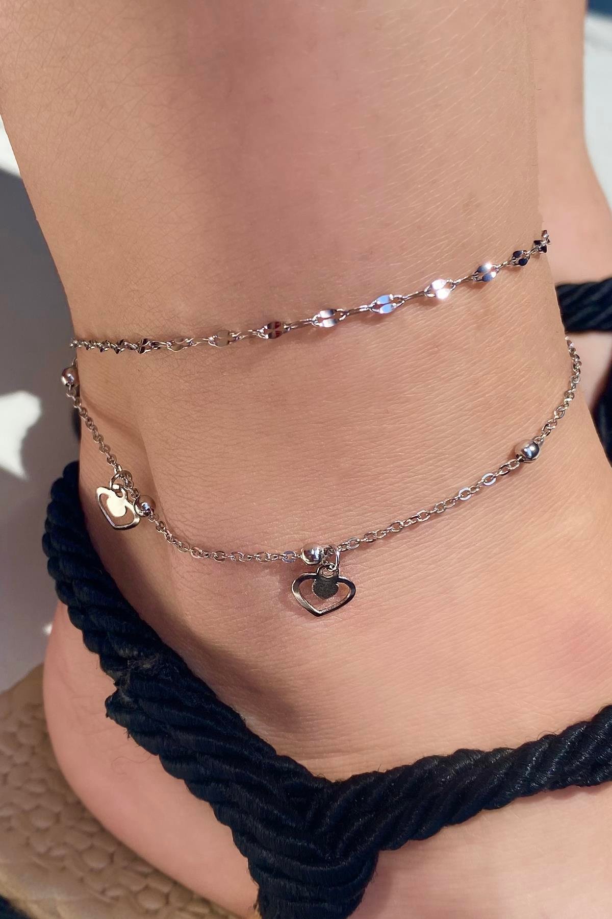 Gümüş Renk Kalp Figürlü Çelik Halhal