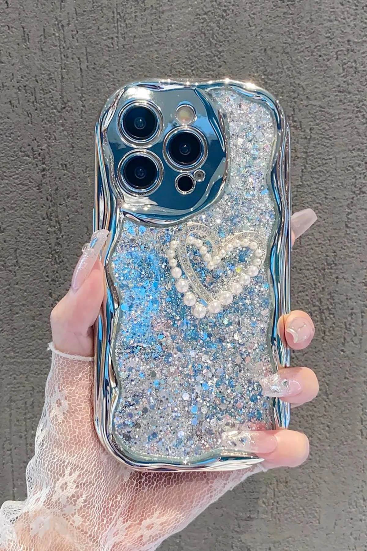 Gümüş Renk Kalp Figürlü Sim Detaylı 13 Pro Max Telefon Kılıfı