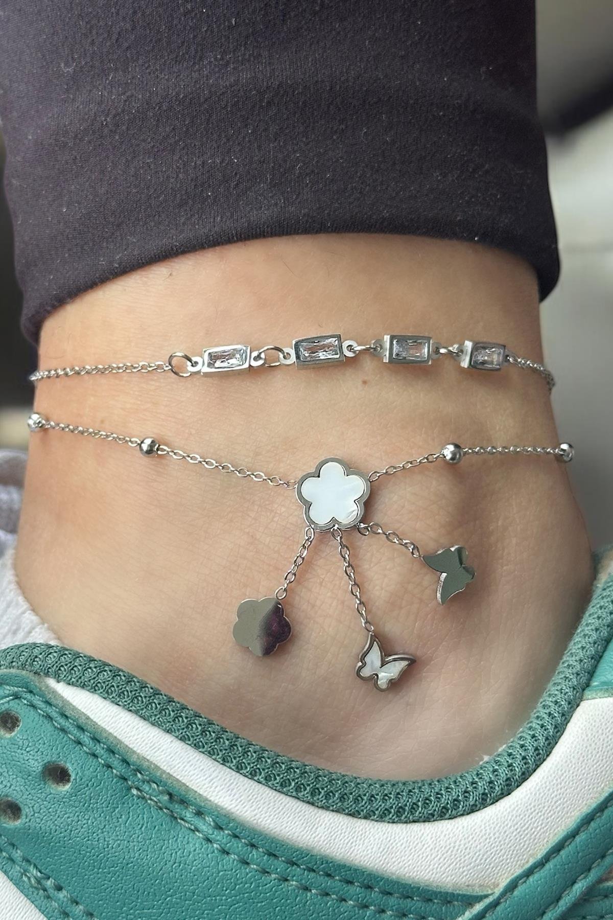 Gümüş Renk Karışık Figürlü Taş Detaylı Çelik Halhal