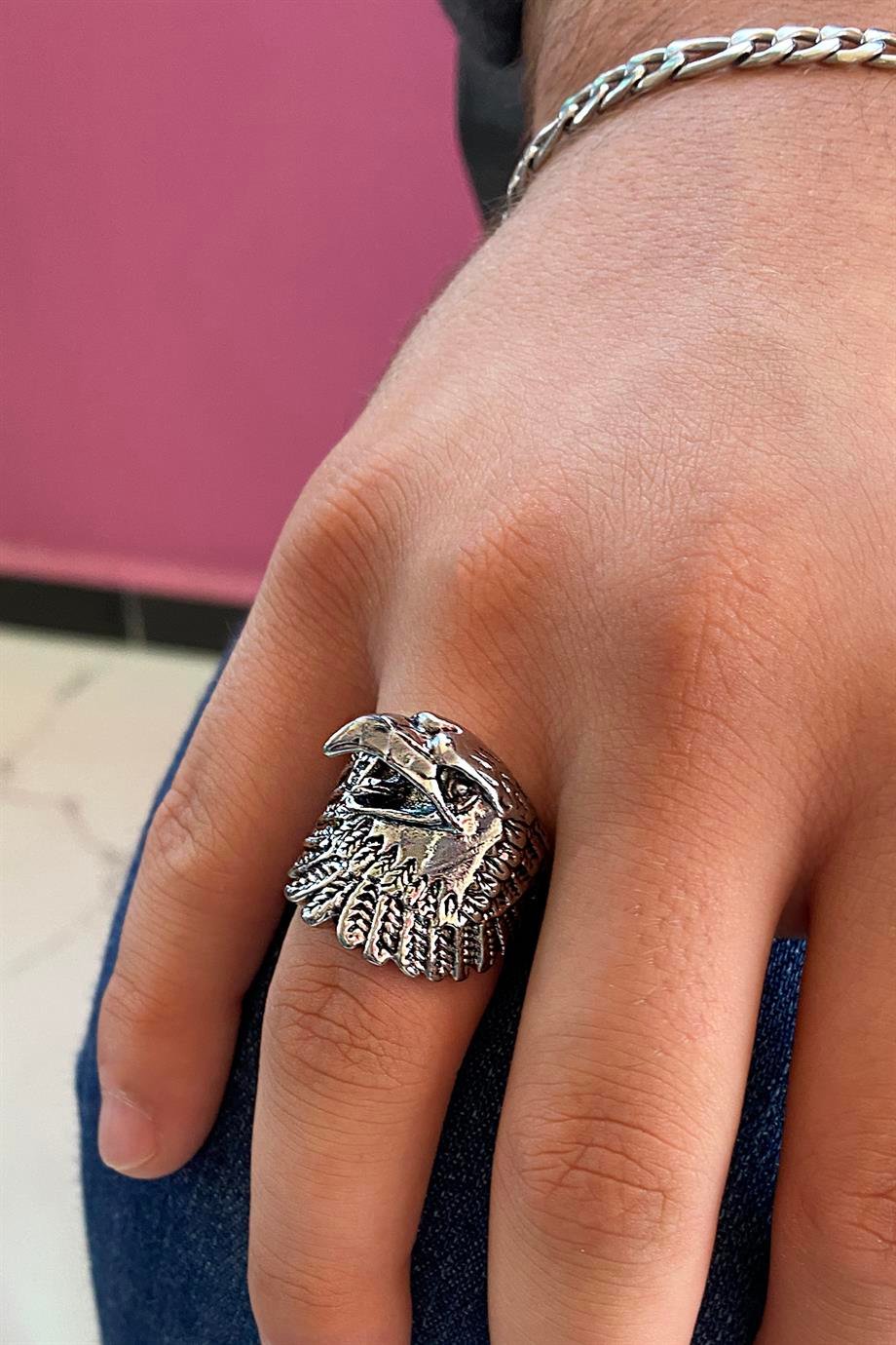 Gümüş Renk Kartal Figürlü Ayarlanabilir Erkek Yüzük