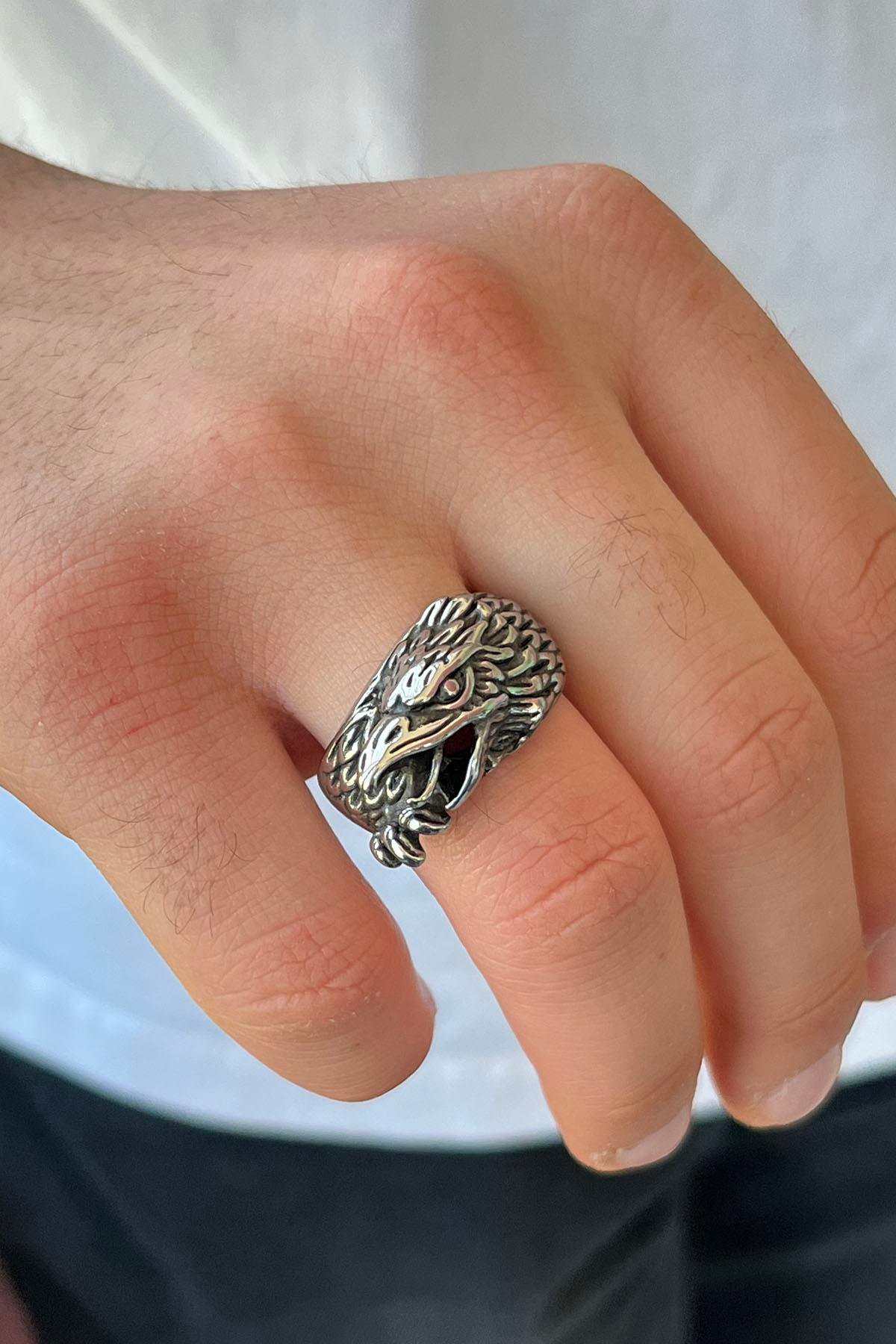 Gümüş Renk Kartal Figürlü Ayarlanabilir Çelik Erkek Yüzük