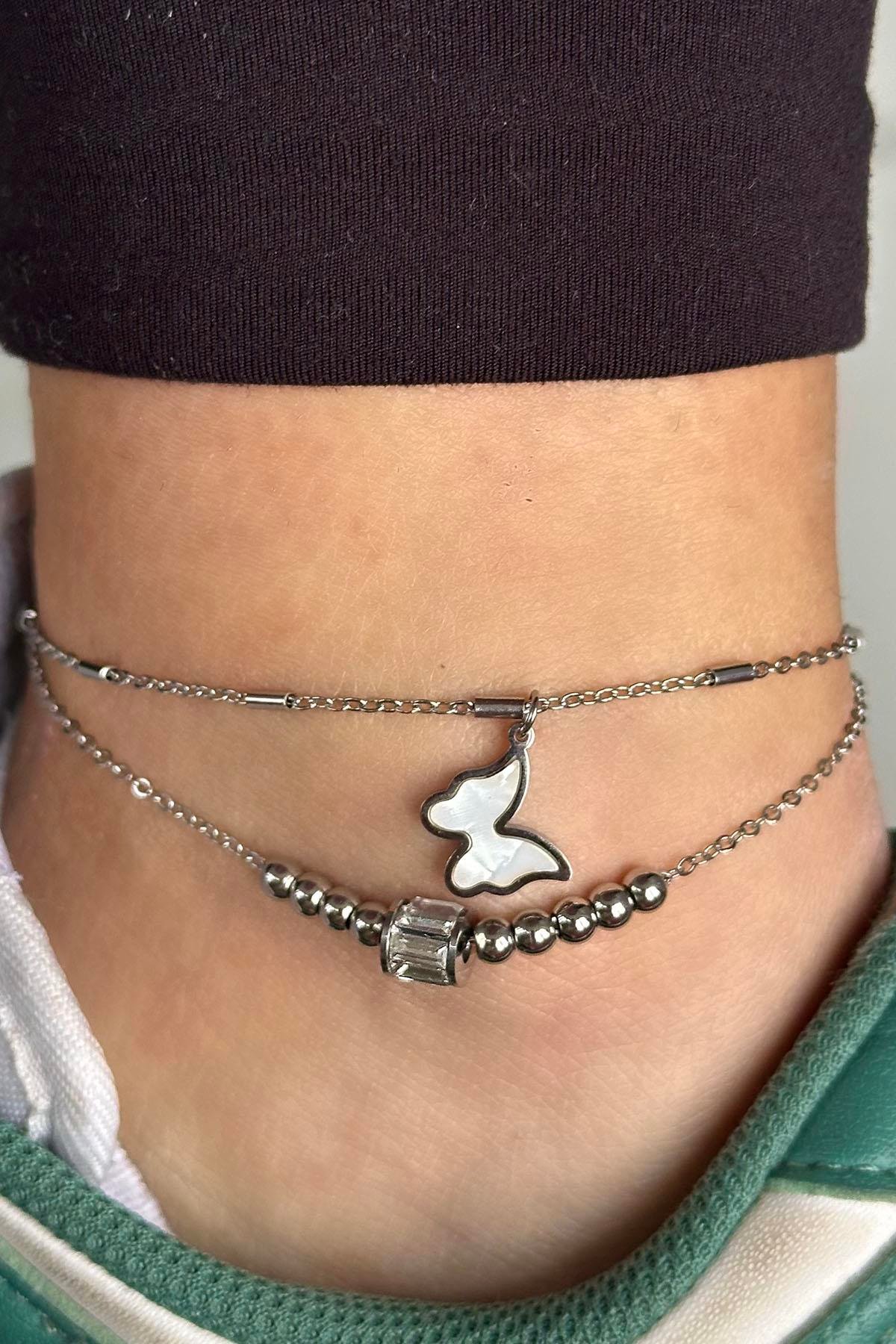 Gümüş Renk Kelebek Figürlü Çelik Halhal