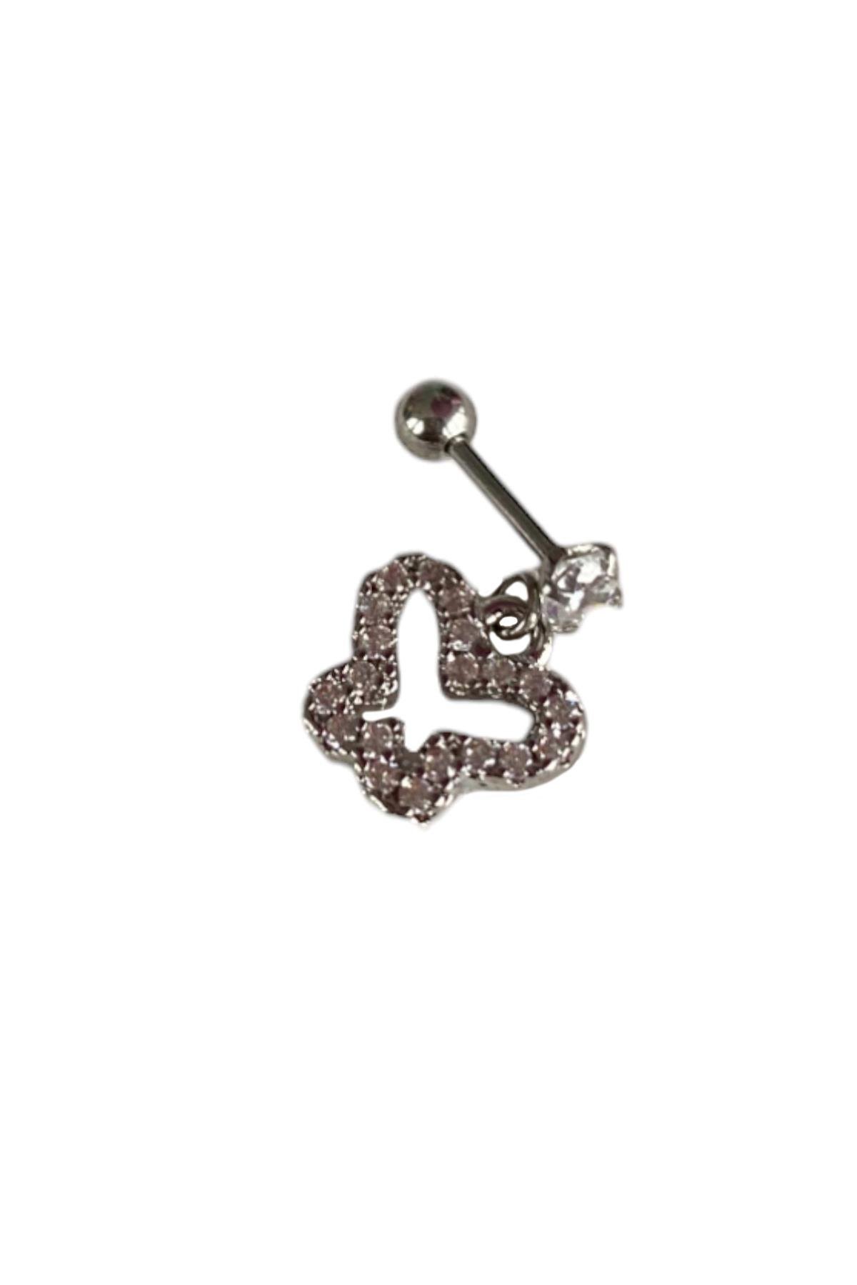 Gümüş Renk Kelebek Figürlü Taş Detaylı Cerrahi Çelik Tragus/Kıkırdak Küpe/Piercing (Tek)
