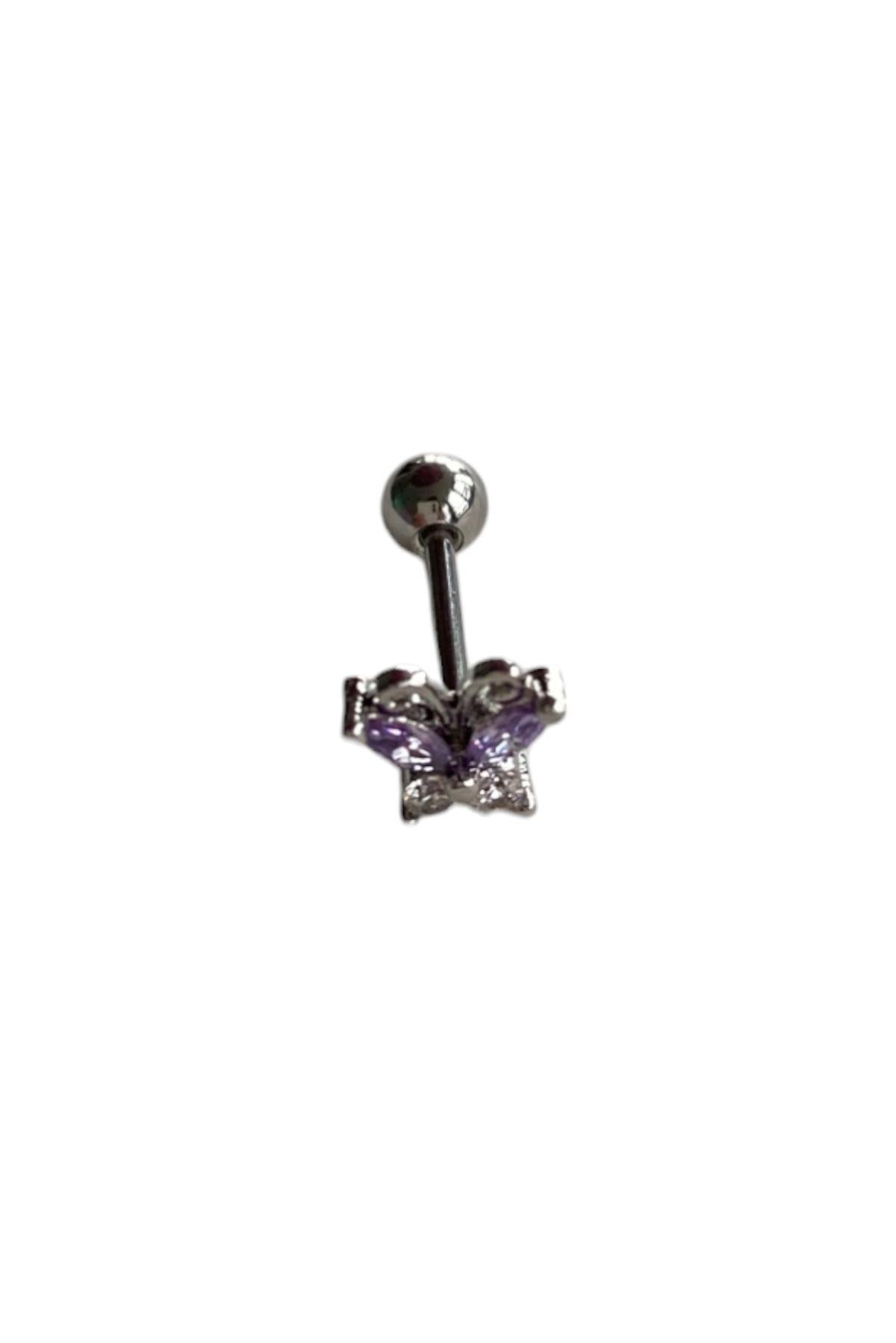 Gümüş Renk Kelebek Figürlü Taş Detaylı Cerrahi Çelik Tragus/Kıkırdak Küpe/Piercing (Tek)