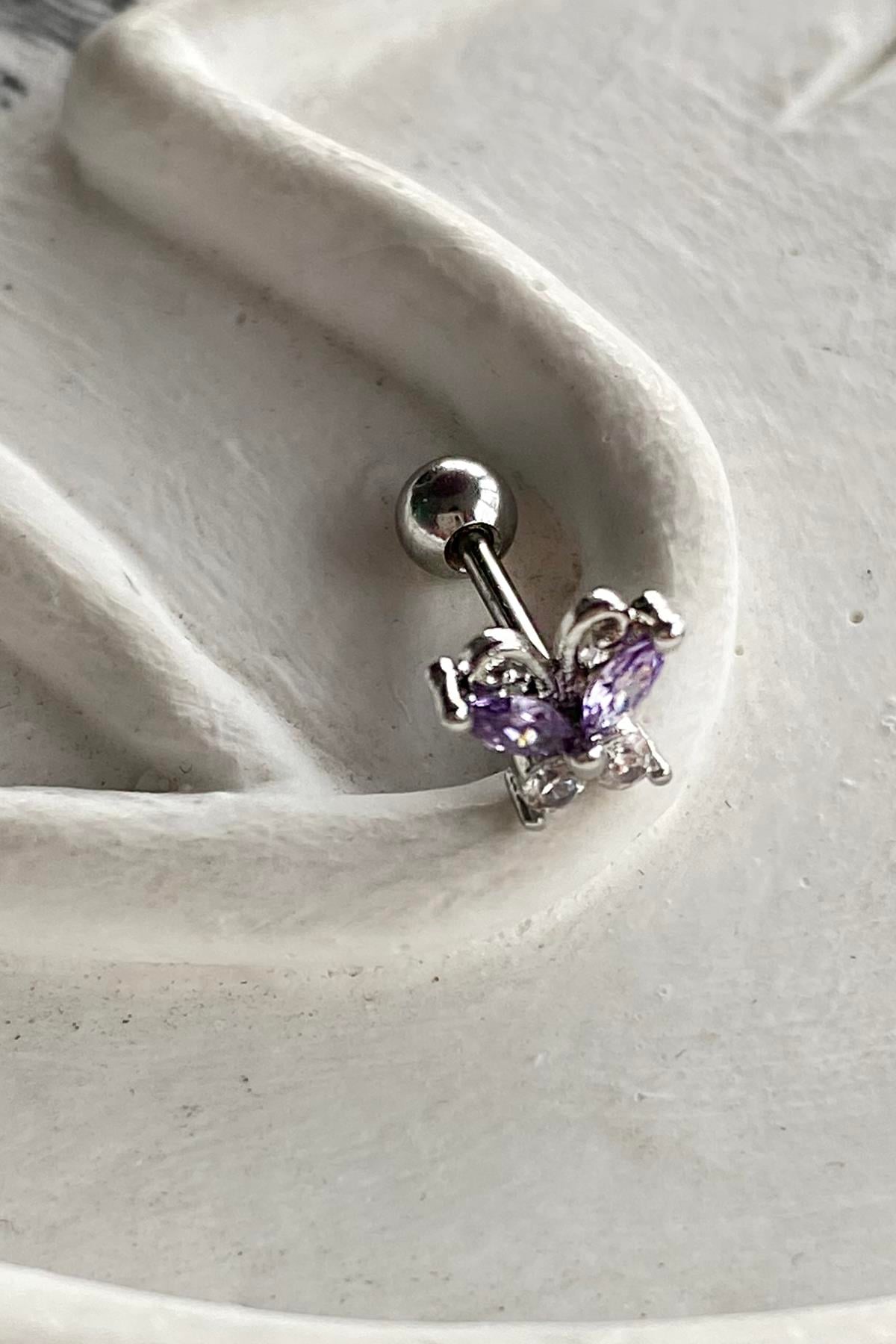 Gümüş Renk Kelebek Figürlü Taş Detaylı Cerrahi Çelik Tragus/Kıkırdak Küpe/Piercing (Tek)