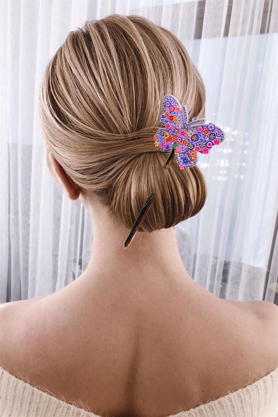 Gümüş Renk Kelebek Figürlü Topuz Tokası