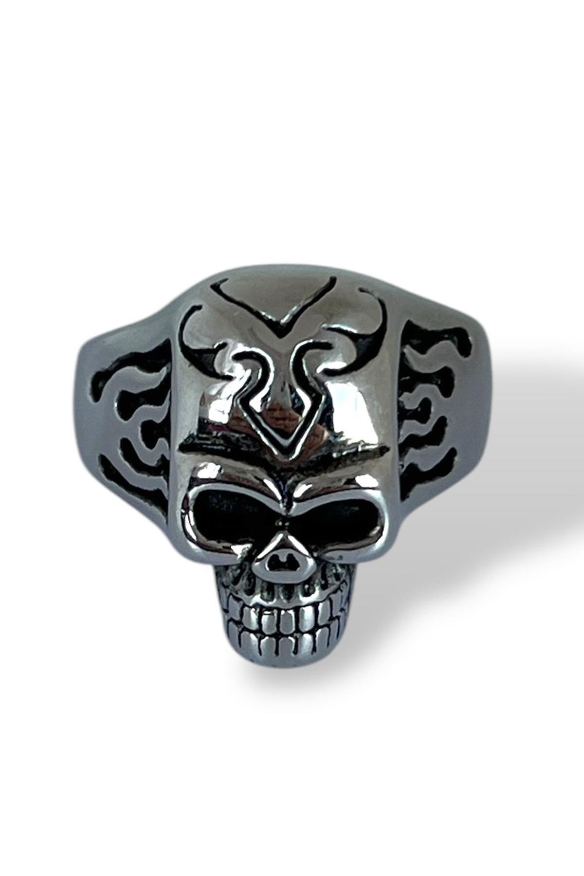 Gümüş Renk Kurukafa Figürlü Ayarlanabilir Çelik Erkek Yüzük