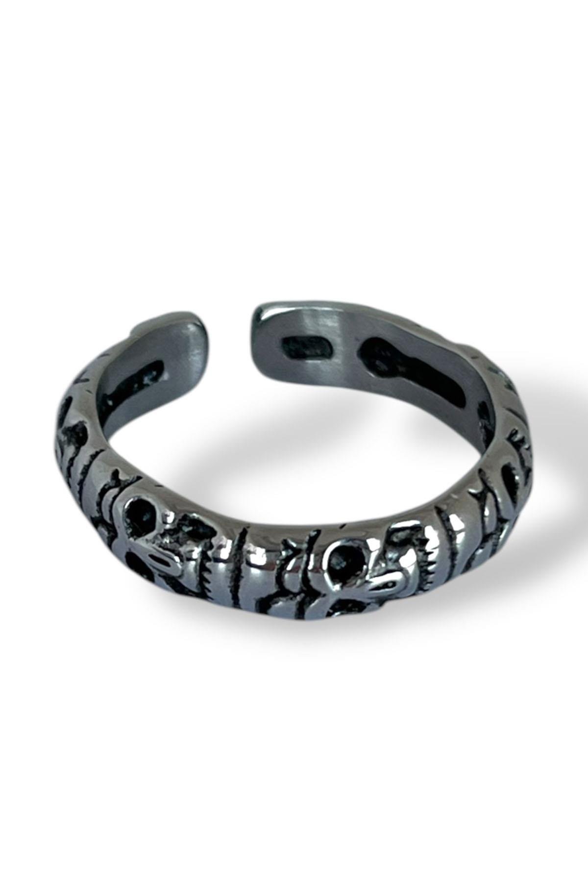Gümüş Renk Kurukafa Figürlü Ayarlanabilir Çelik Erkek Yüzük