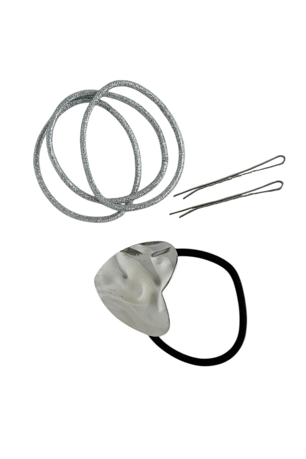 Gümüş Renk Metal Detaylı Lastik Toka Ve Tel Toka Set