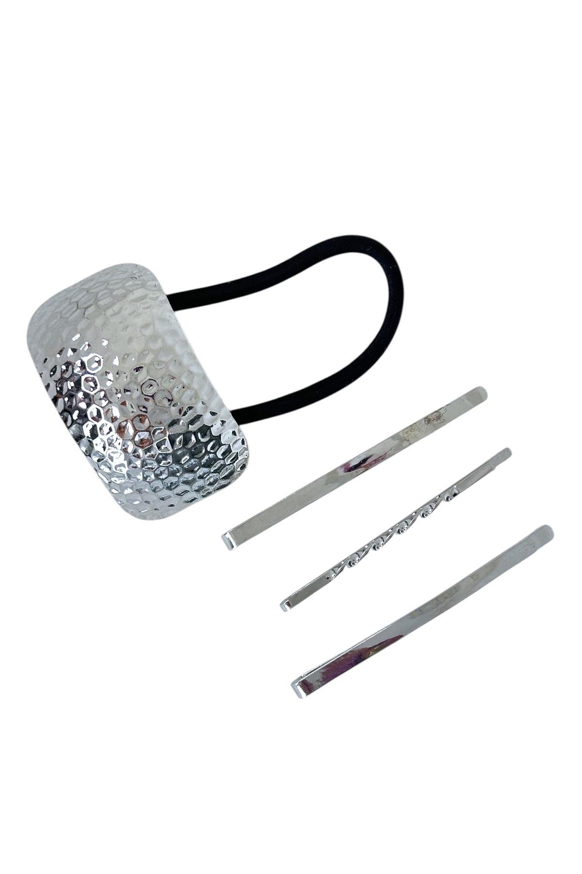 Gümüş Renk Metal Detaylı Lastik Ve Tel Toka Set