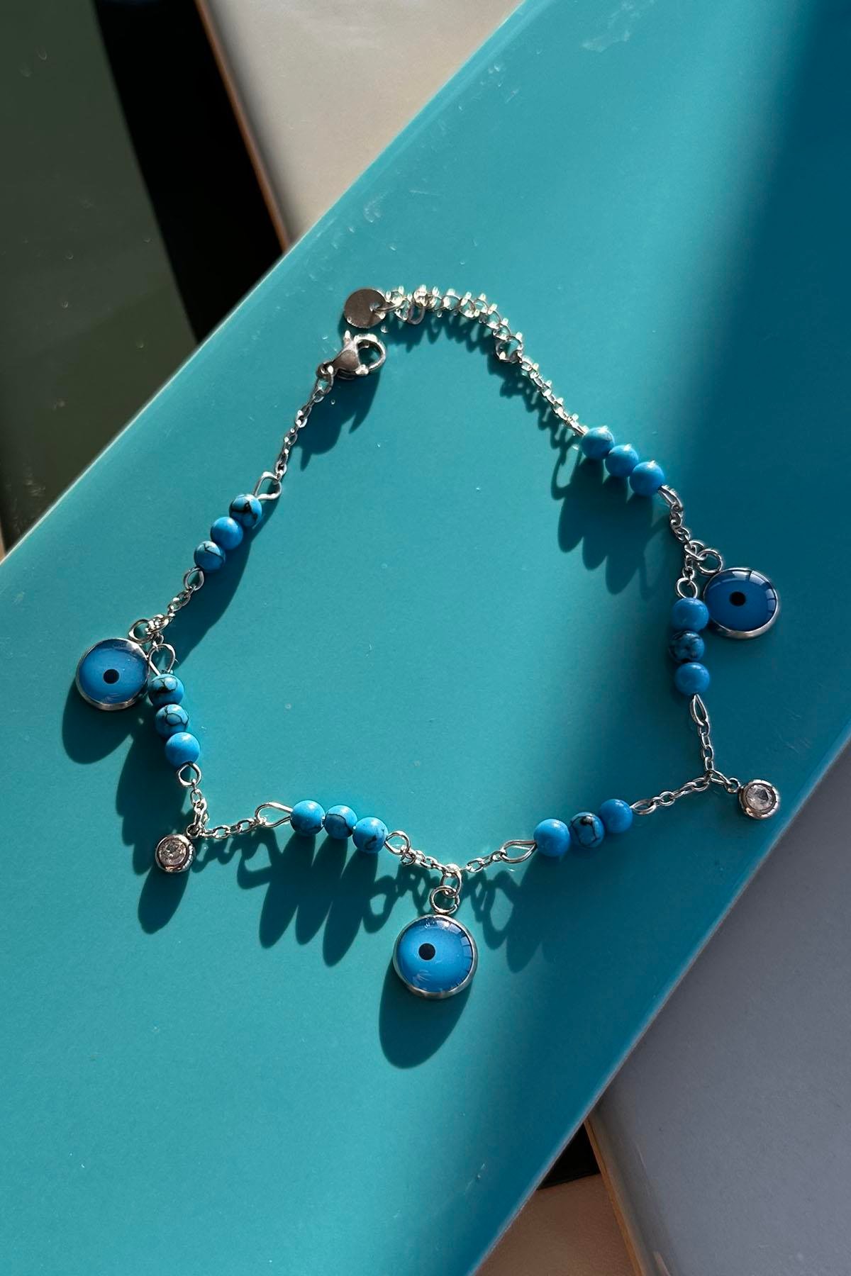 Gümüş Renk Nazar Boncuk Figürlü Çelik Halhal