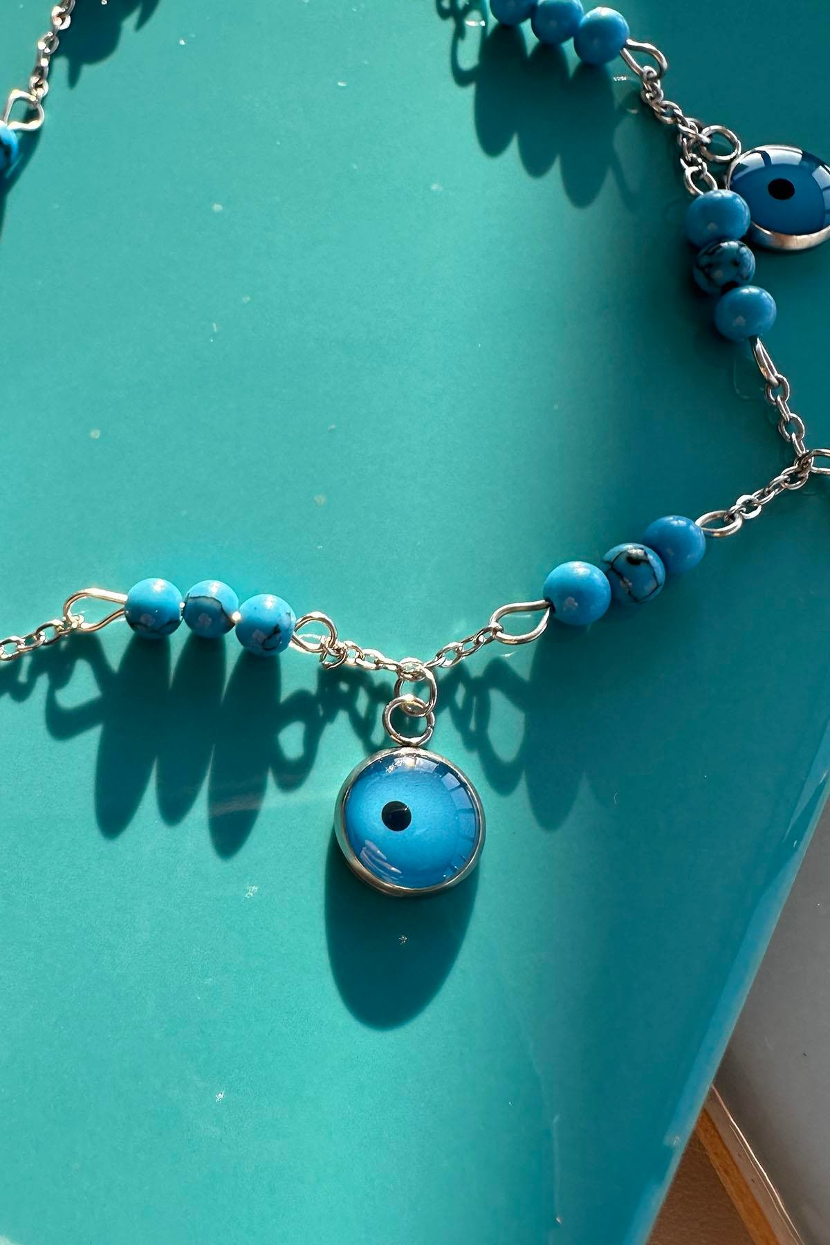 Gümüş Renk Nazar Boncuk Figürlü Çelik Halhal