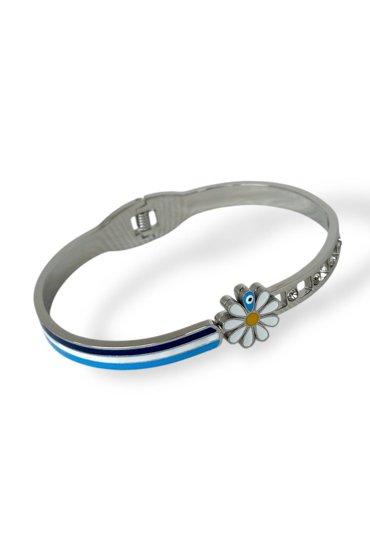 Gümüş Renk Papatya Figürlü Taş Detaylı Çelik Kelepçe Bileklik