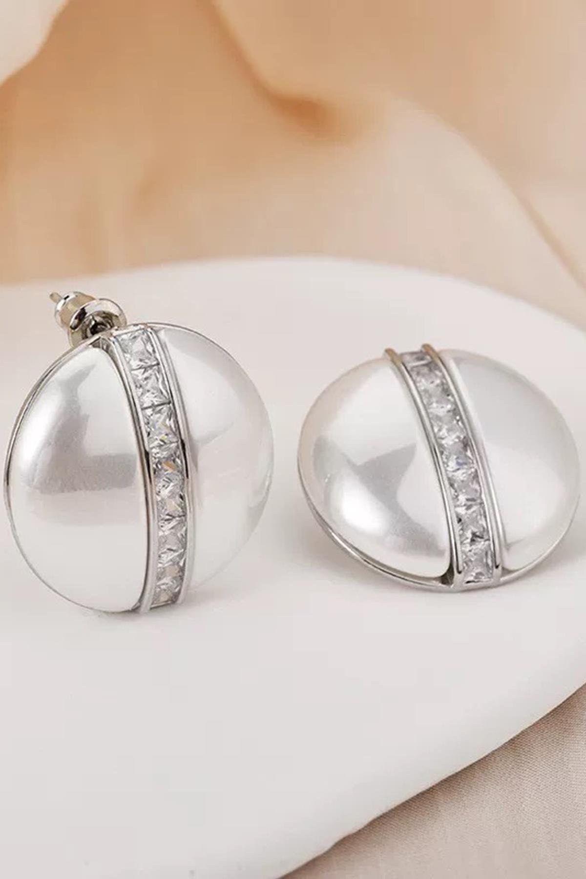 Gümüş Renk Taş Detaylı Abiye Küpe (Çift)