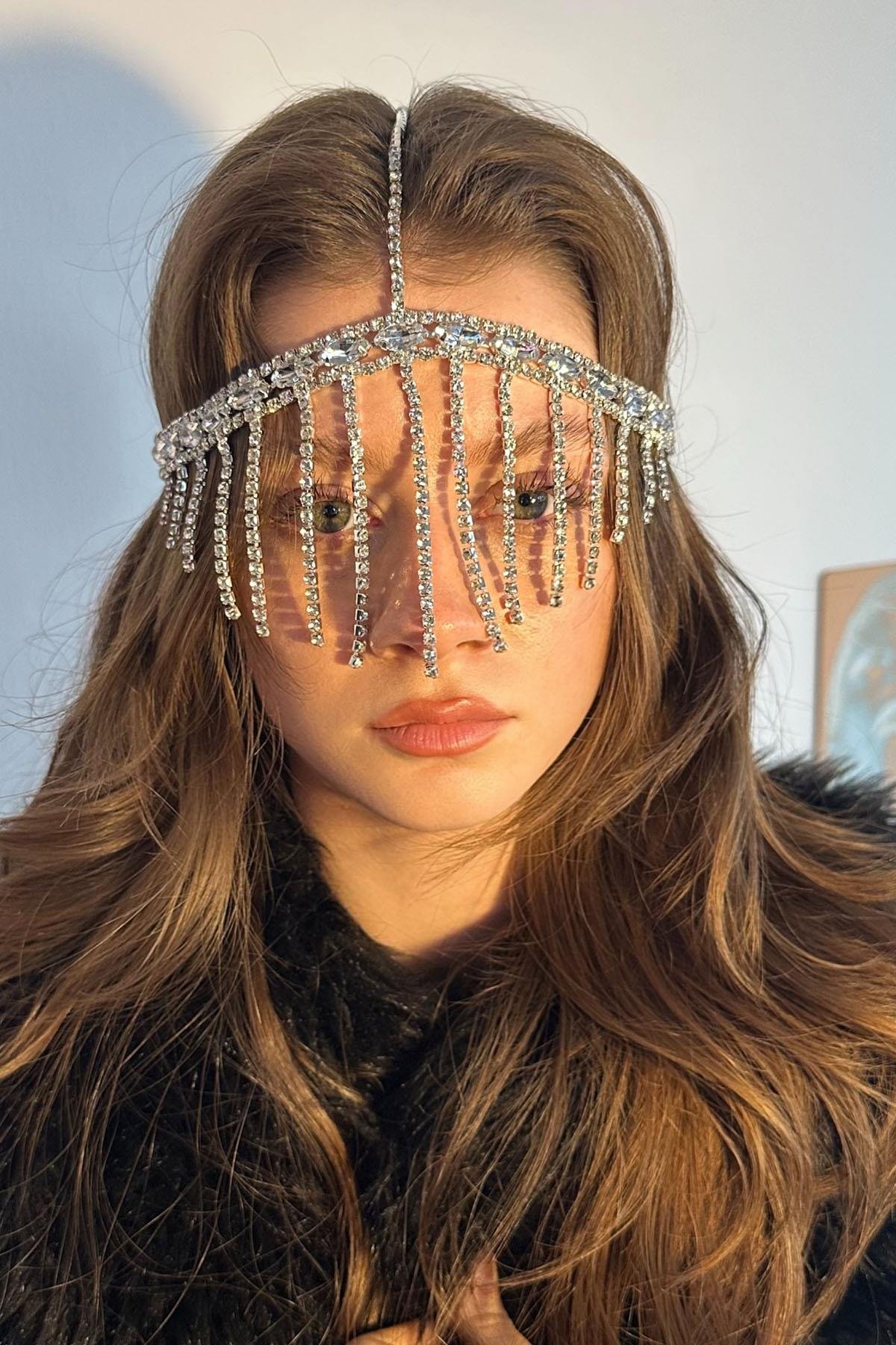 Gümüş Renk Taş Detaylı  Alınlık/Kına Aksesuarı