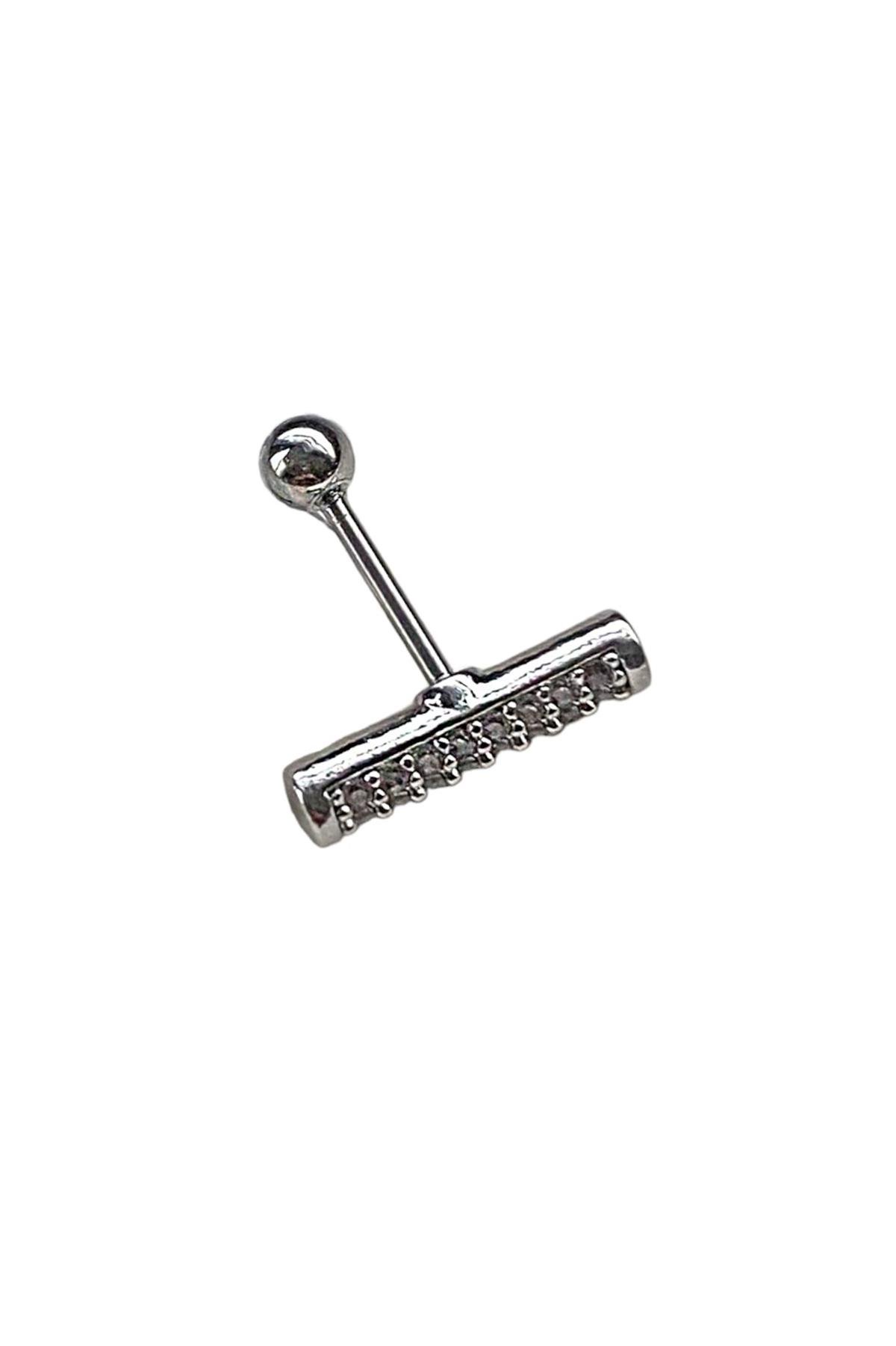 Gümüş Renk Taş Detaylı Cerrahi Çelik Tragus/Kıkırdak Küpe/Piercing (Tek)
