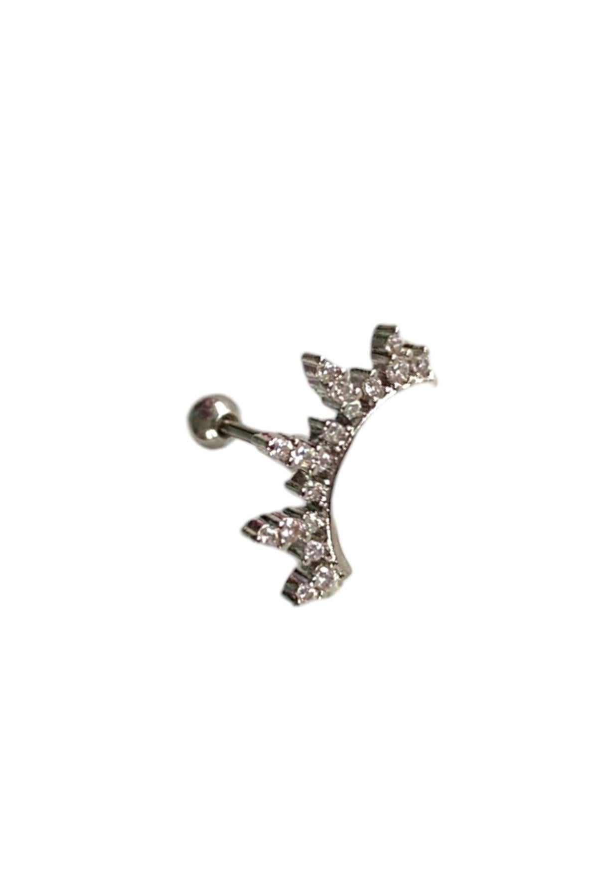 Gümüş Renk Taş Detaylı Cerrahi Çelik Tragus/Kıkırdak Küpe/Piercing (Tek)