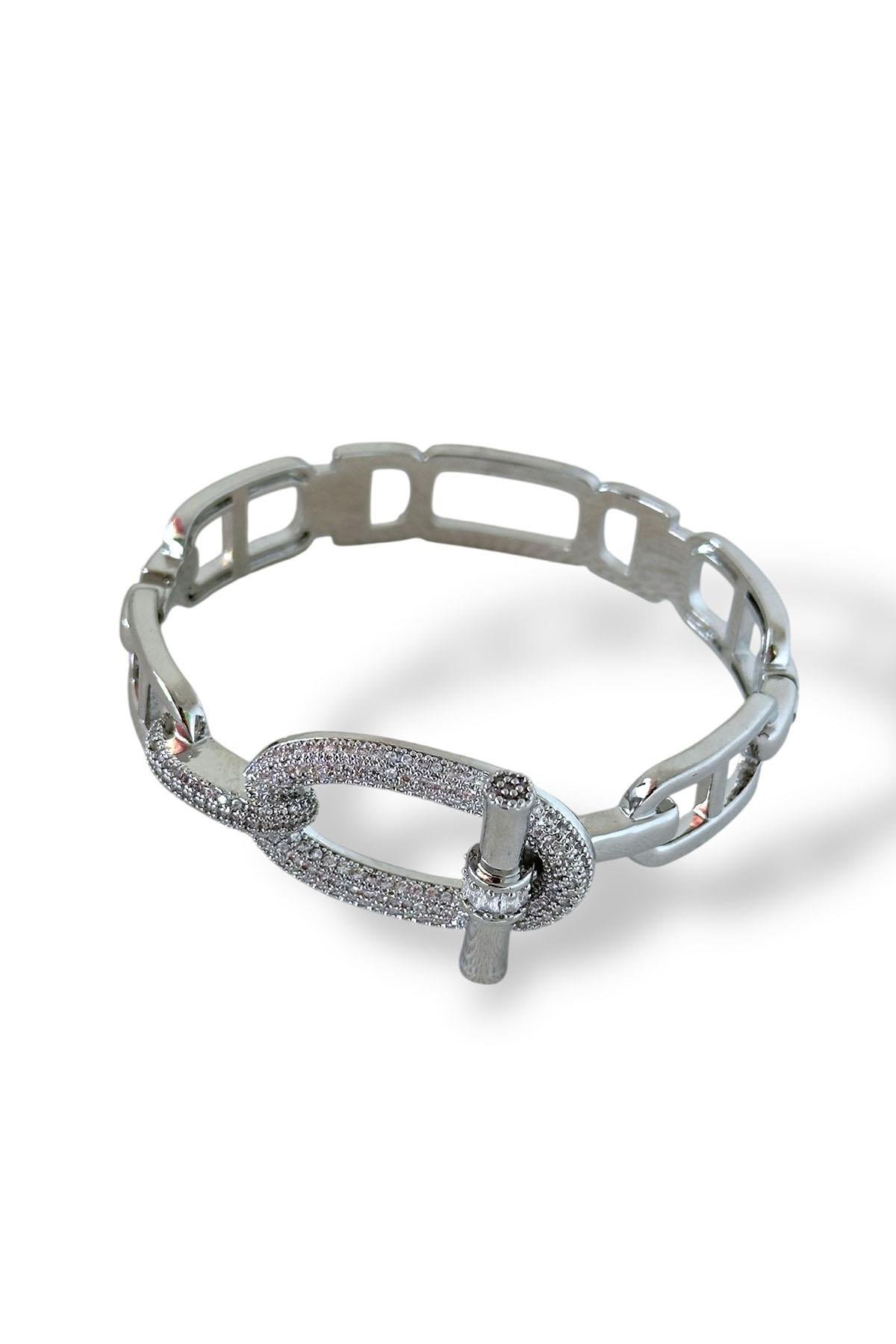 Gümüş Renk Taş Detaylı Kelepçe Bileklik