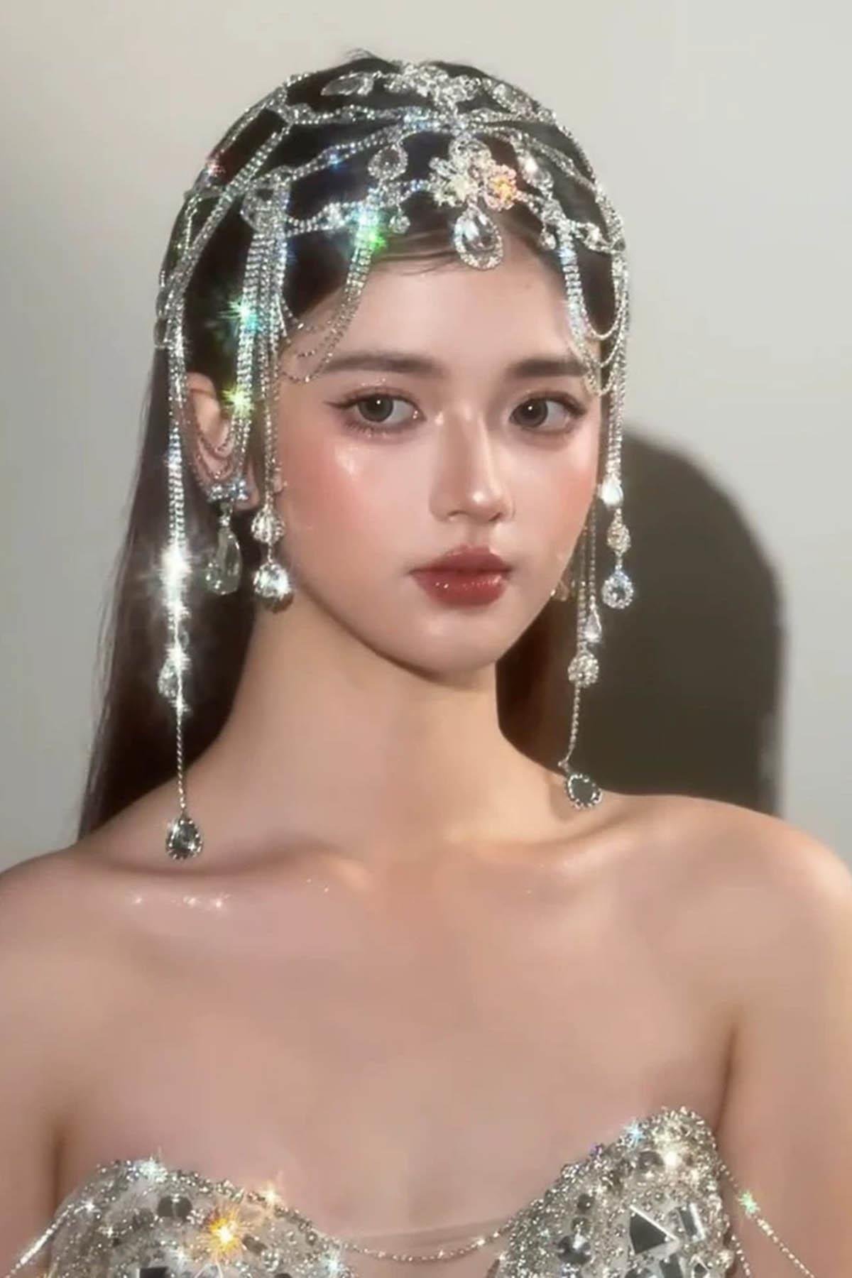 Gümüş Renk Taş Detaylı Saç Aksesuarı/ Kına Aksesuarı