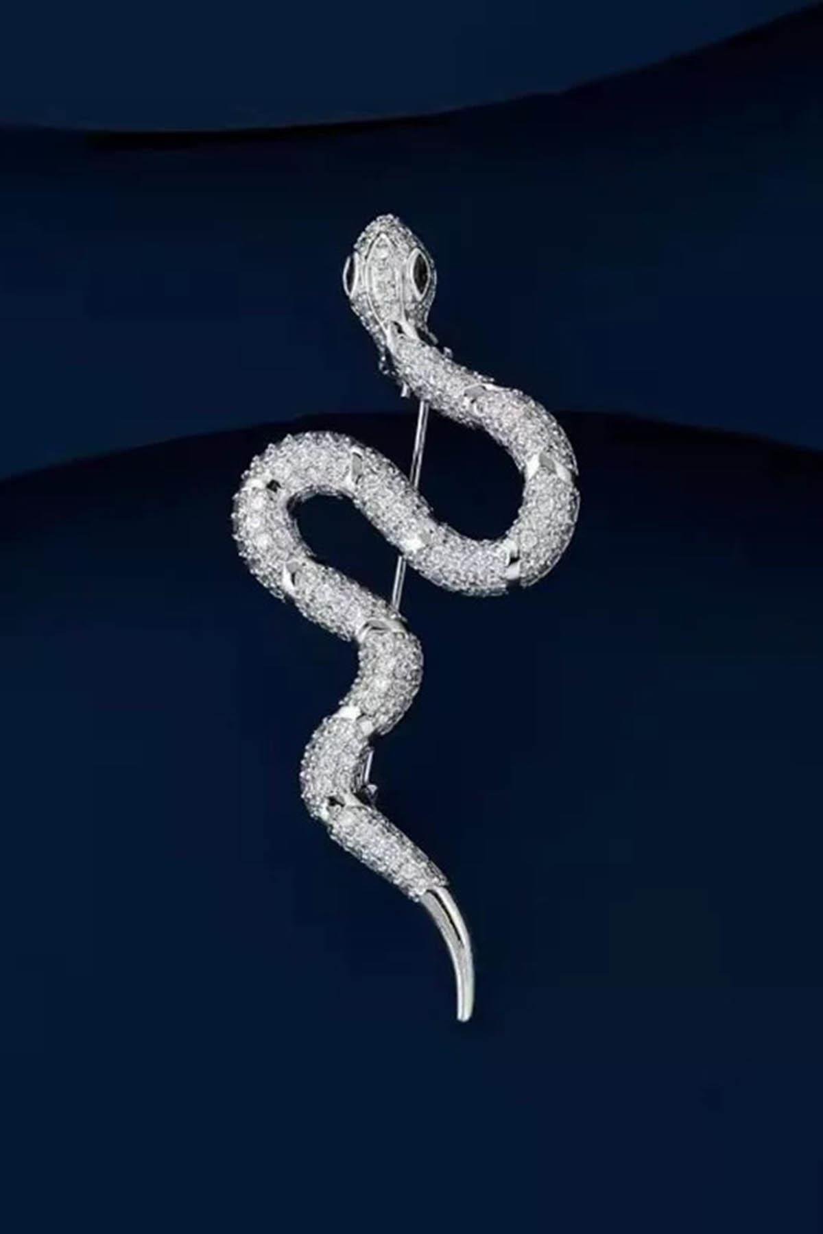 Gümüş Renk Yılan Figürlü Taş Detaylı Broş