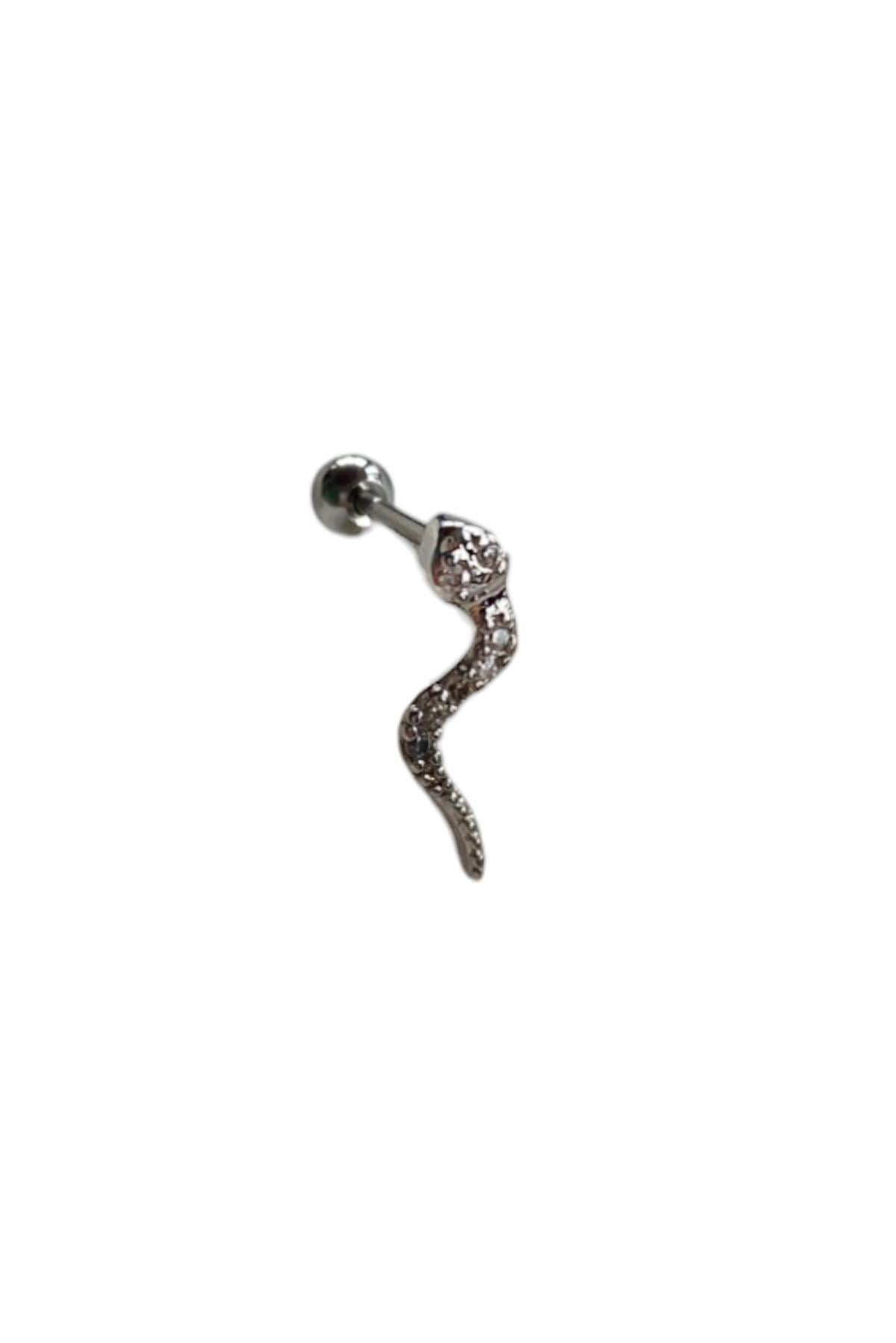 Gümüş Renk Yılan Figürlü Taş Detaylı Cerrahi Çelik Tragus/Kıkırdak Küpe/Piercing (Tek)