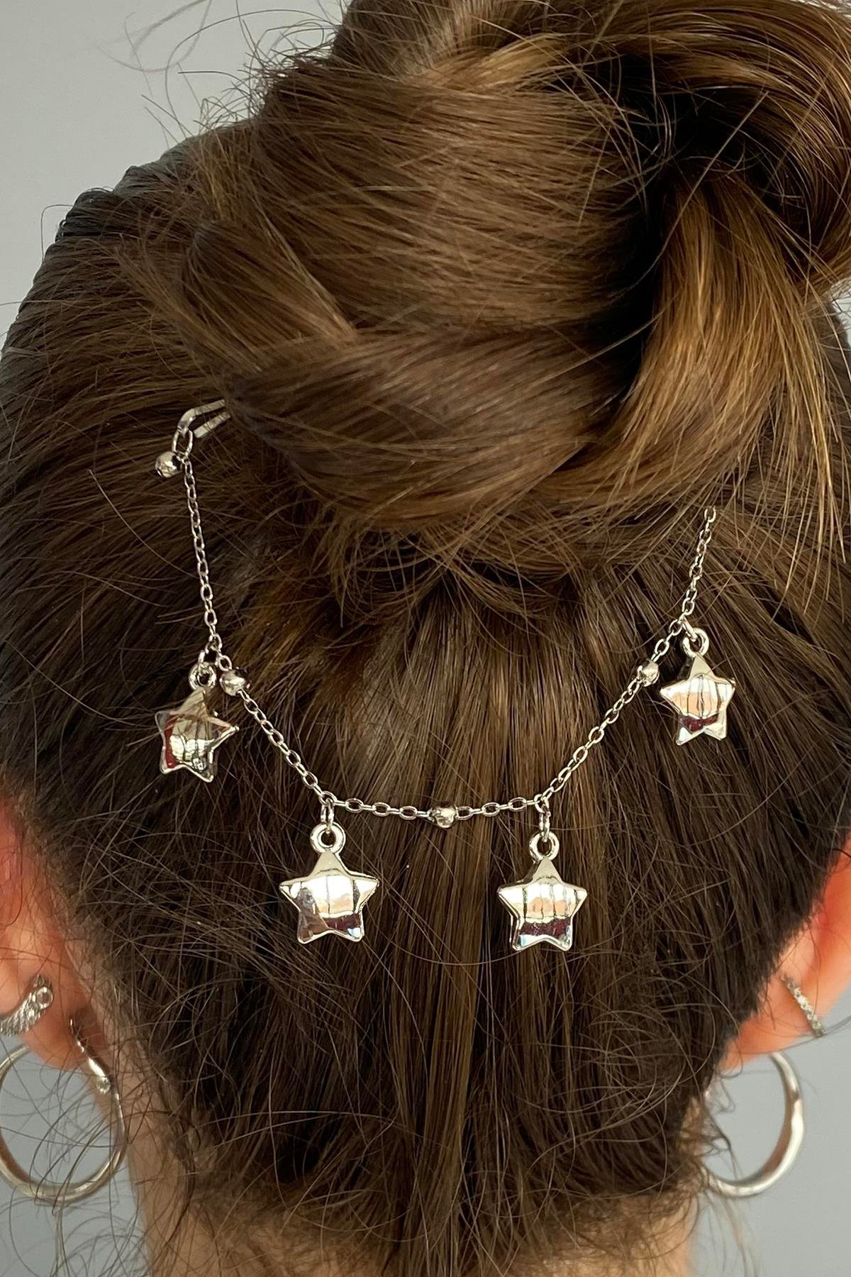 Gümüş Renk Yıldız Figürlü Sallantılı Tel Toka 