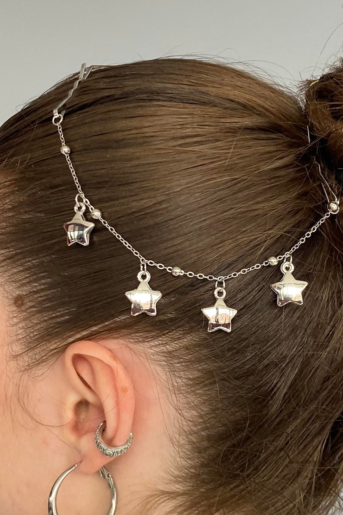 Gümüş Renk Yıldız Figürlü Sallantılı Tel Toka 