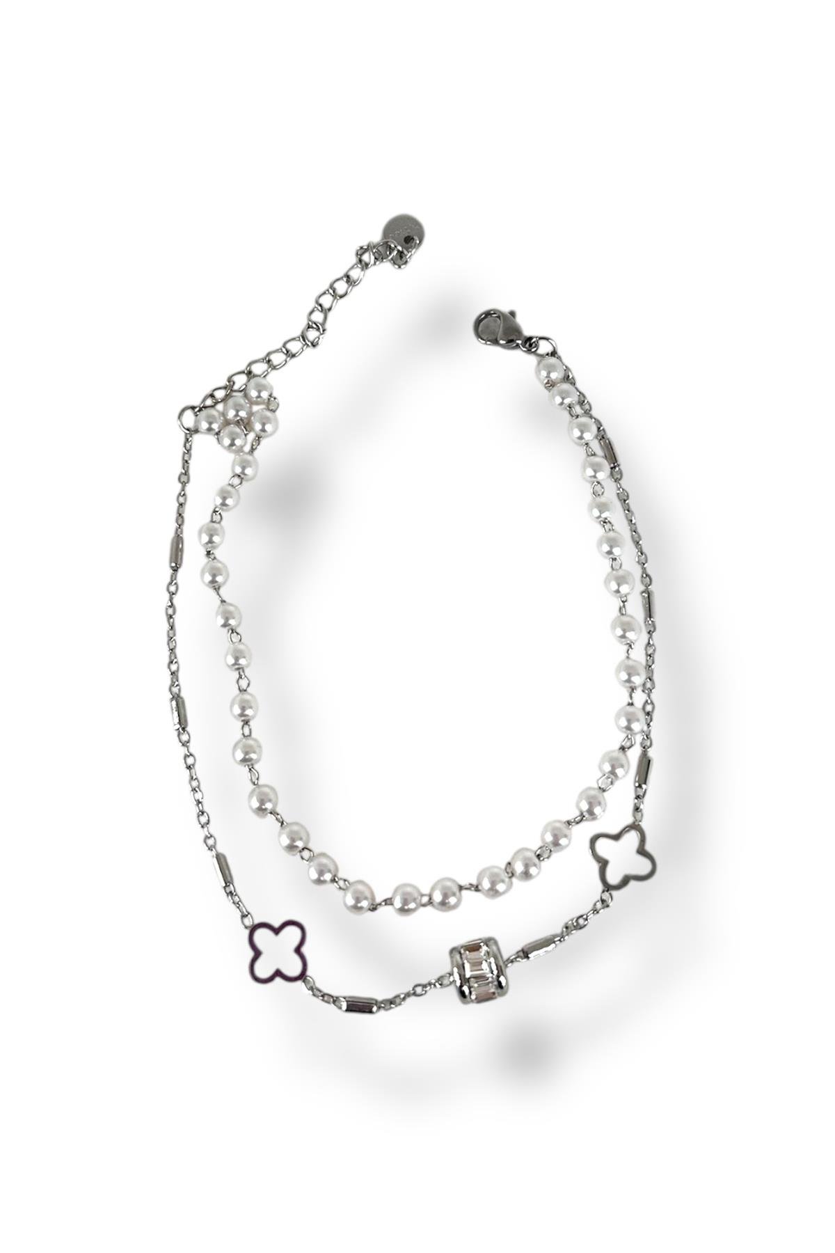 Gümüş Renk Yonca Figürlü İnci Detaylı Çelik Halhal