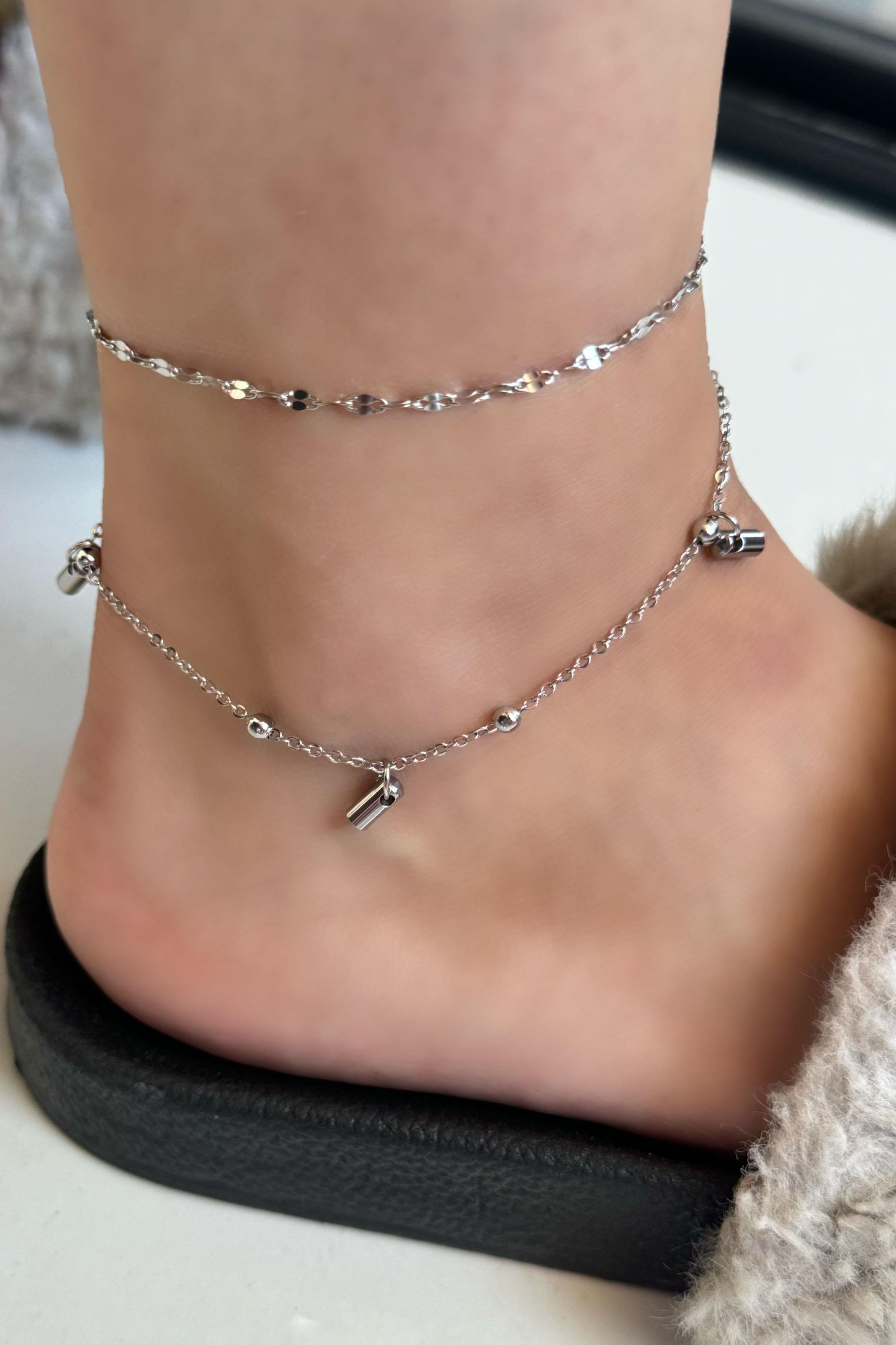 Gümüş Renk Zincir Detaylı Çelik Halhal