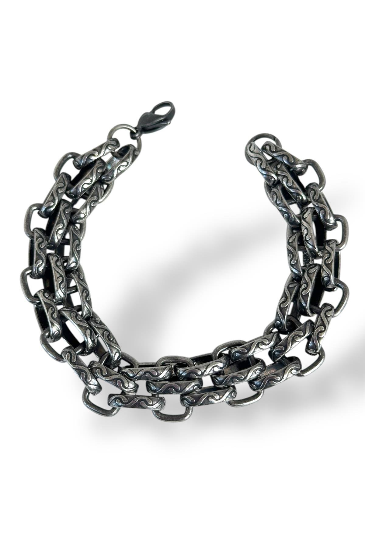 Gümüş Renk Zincir Detaylı Erkek Çelik Bileklik