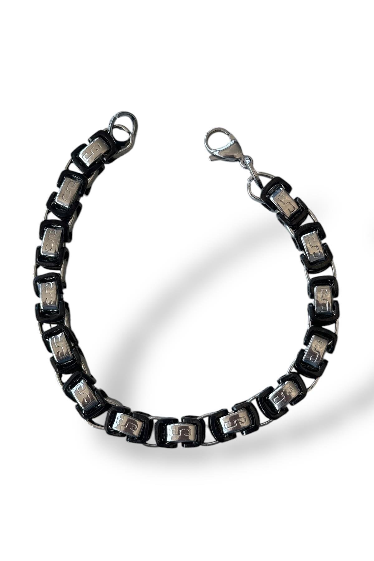 Gümüş Ve Siyah Renk Zincir Detaylı Çelik Erkek Bileklik