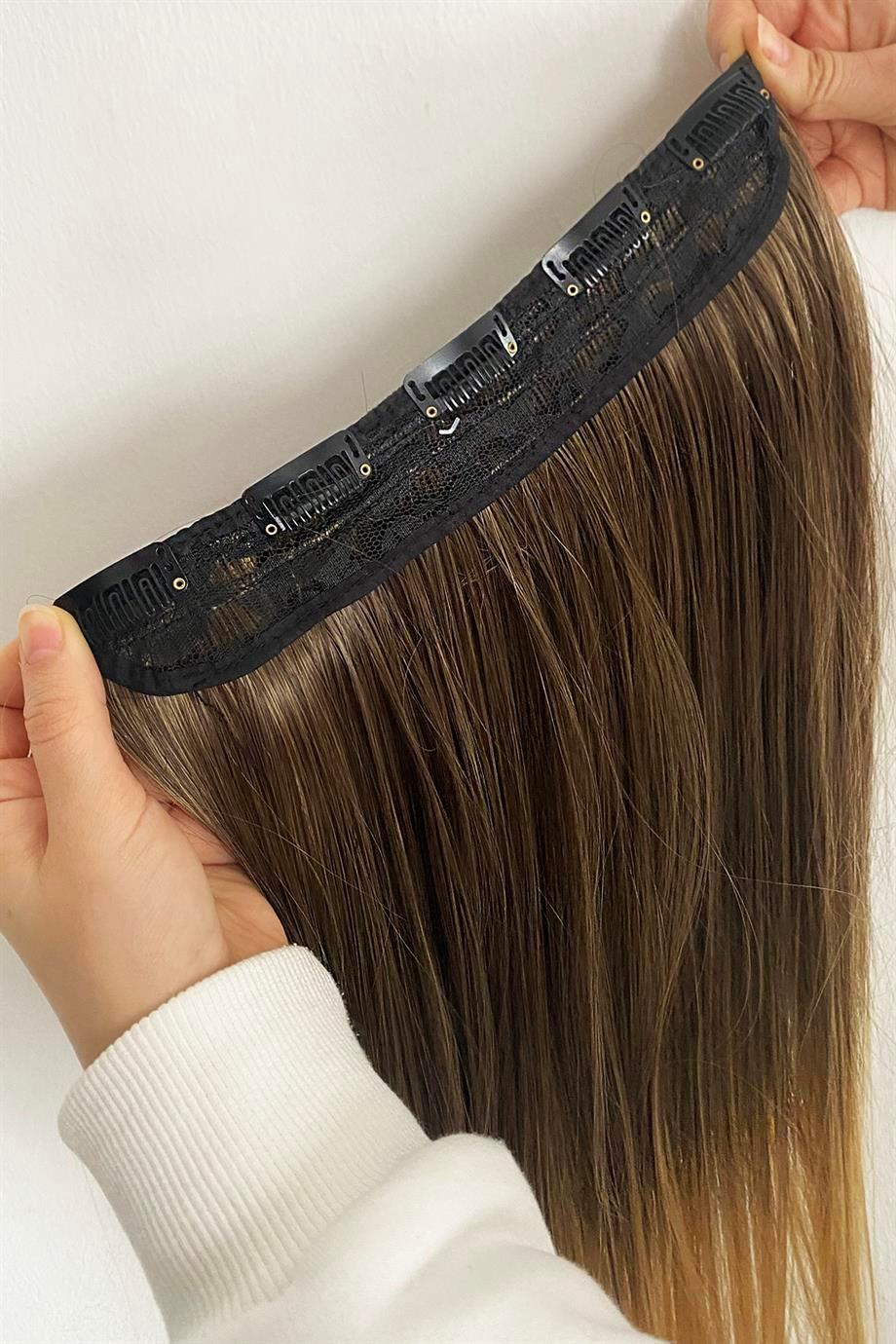 Isıya Dayanıklı Yarım Ay Saç Çıt Çıt / Düz / Kahverengi Sarı Ombreli / 70Cm / 140Gr (HT4T27#)