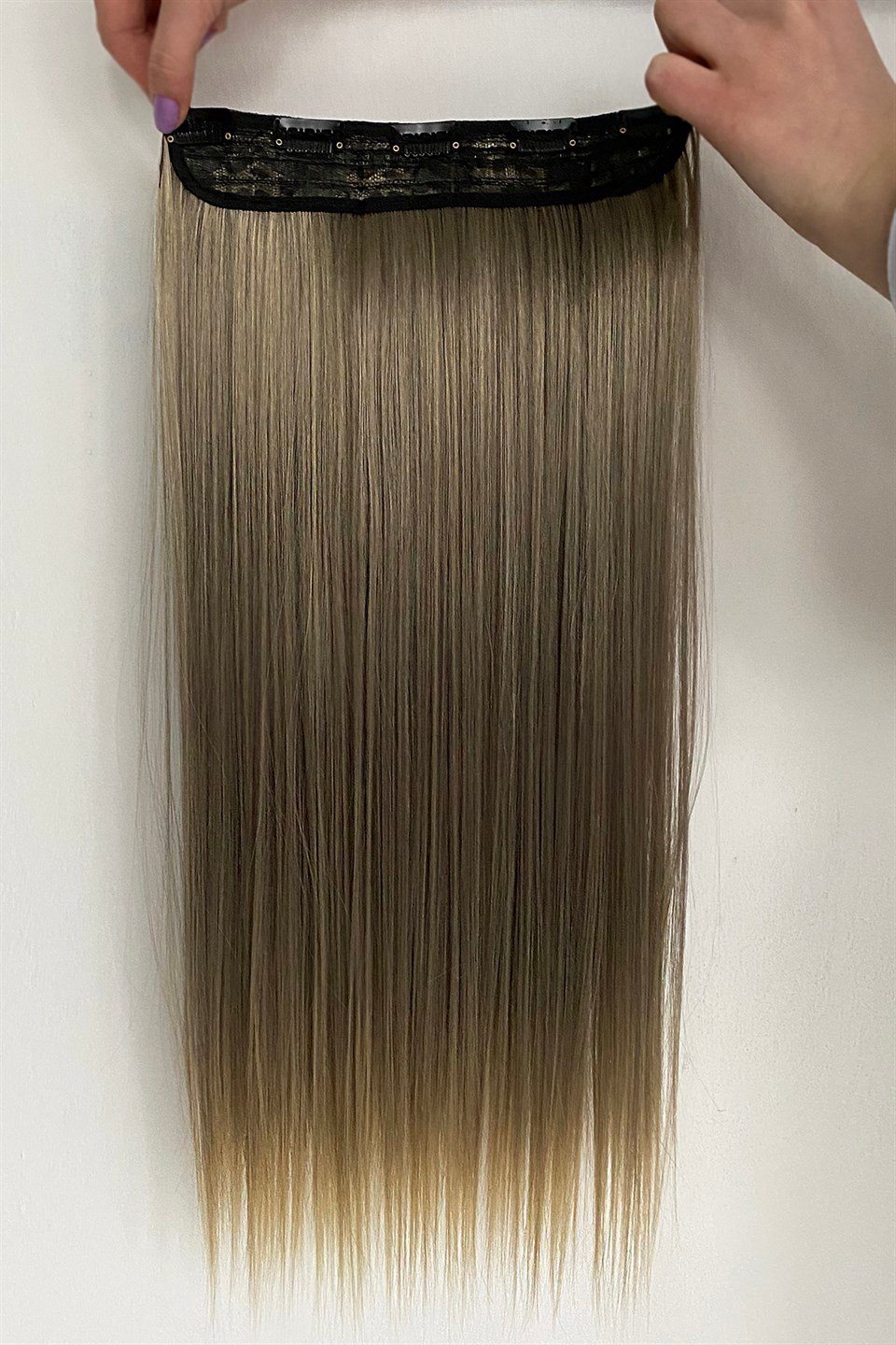 Isıya Dayanıklı Yarımay Çıt Çıt Saç Küllü Kumral Ombre / Düz / 60 Cm / 110 Gr /  4#613#